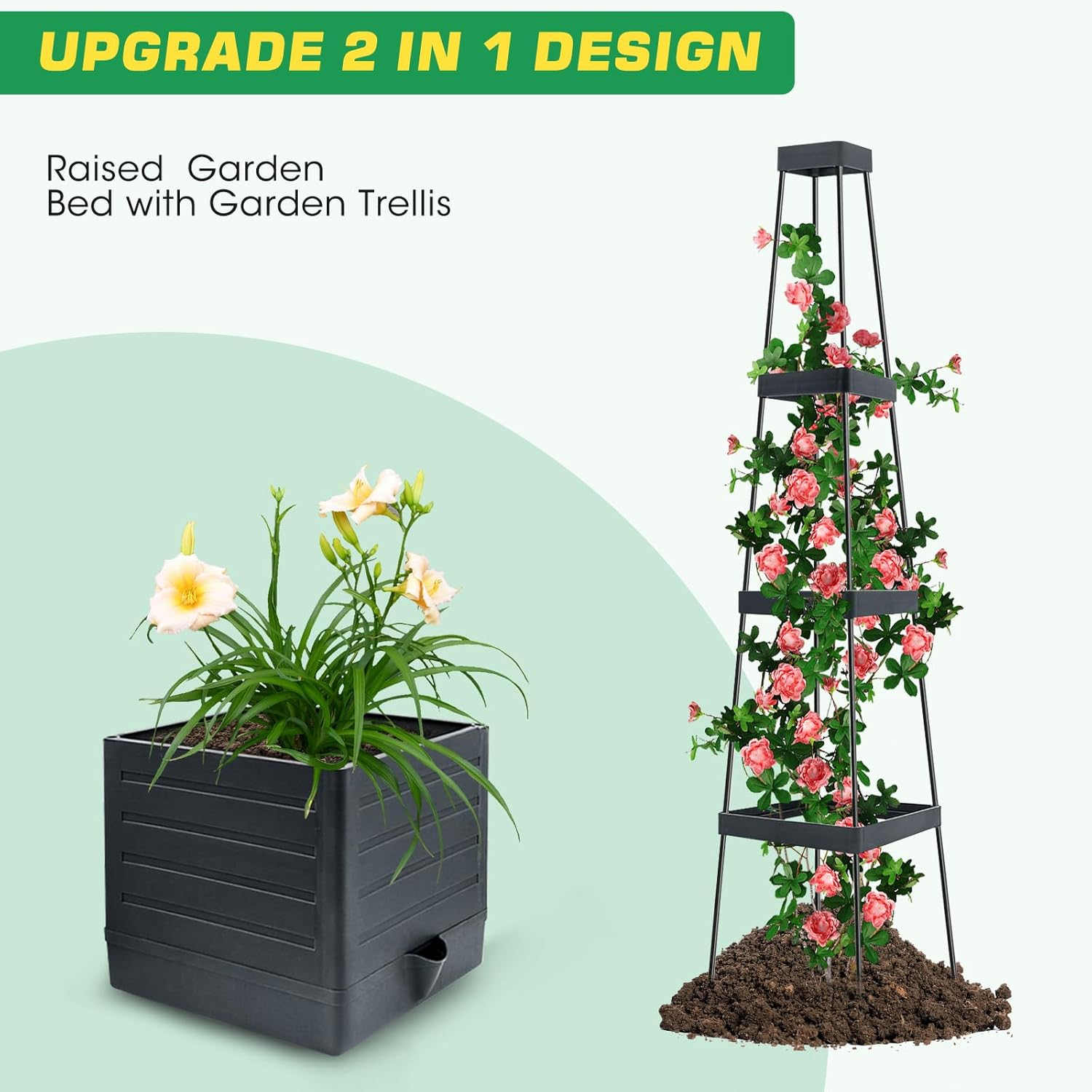 Raised Garden Bed Planter Box with Trellis, Tomato Cage Planters for Climbing Plants Vegetable Vine Flowers Outdoor & Indoor (2 Pack,57X9.8X9.8In) image number 4