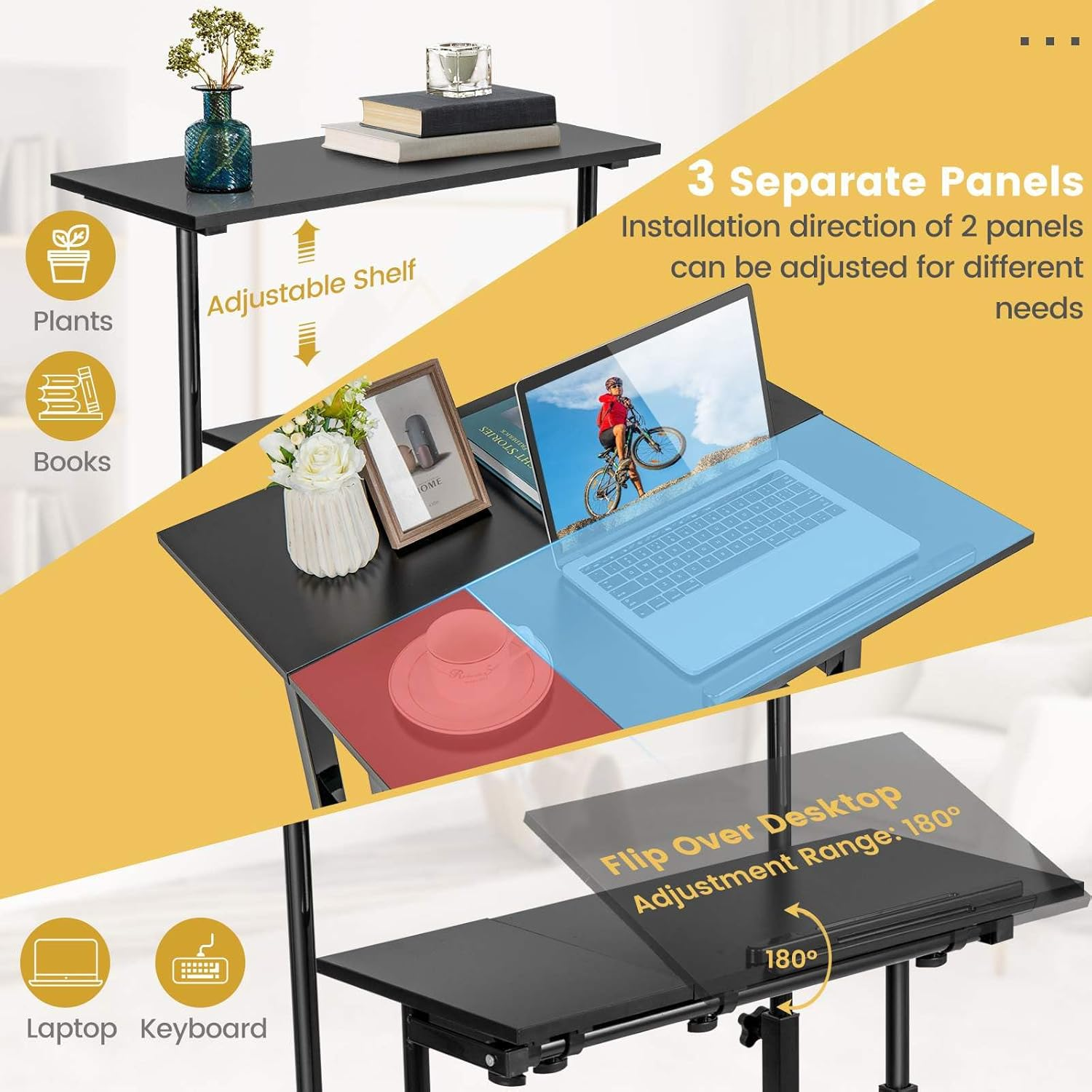 Costway Mobile Standing Desk, Laptop Cart W/Flip-Over Desktop, Portable Stand up Desk, Overbed Table W/Wheels, Computer Desk for Standing or Sitting, Height Adjustable Workstation for Home & Office image number 6