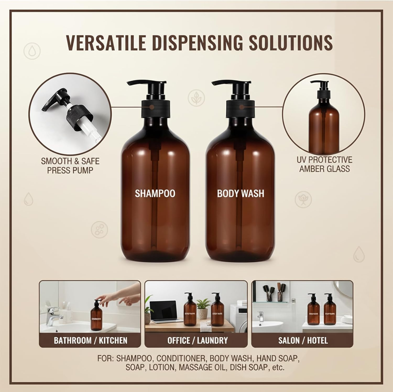Brown Plastic Pump Bottle for Shampoo and Soap Dispenser, Refillable and Reusable 17Oz/500Ml 2 Pack - Abvian image number 4