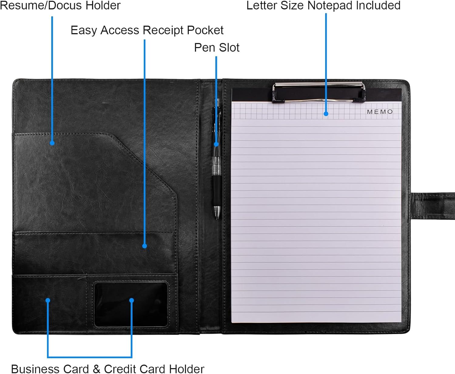 VANRA Padfolio Clipboard Folder Leather Portfolio Binder Organizer Interview Resume Folder for Papers Legal Document A4 Letter Size Writing Pad Notepad Clip Boards with Business Card Holder (Black) - Brown image number 2