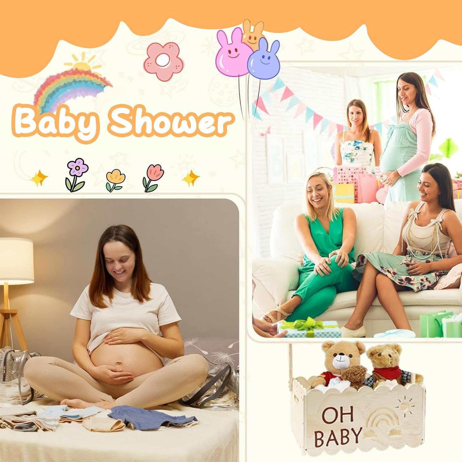 Baby Shower Basket, Decorative Gift Box with Handle, 19.92X13.39X8.98 Inches Elegant Storage, Foldable, Pink Neutral Color Options, for Daughter, Family, Pregnancy, Shower Display image number 3