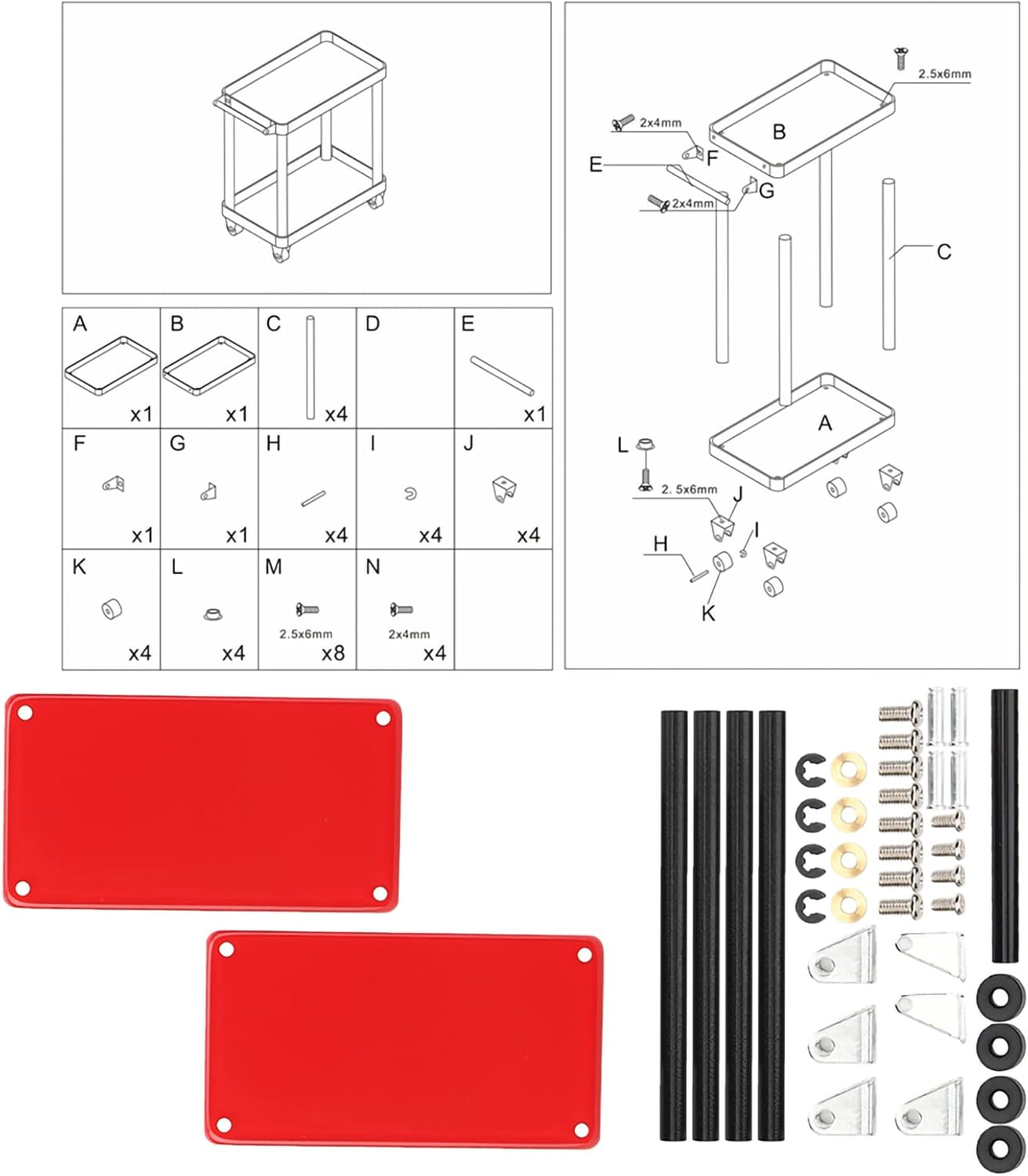 Joyzan RC Tool Trolley, Mini 2 Tier Tools Storage Cart Toolbox Trolley Mobile Workshop Garage Repair RC Accessories Metal Mechanic Handyman Level Tray Applicable to 1/8 1/10 1/12 1/16 Scale Model - Red image number 4