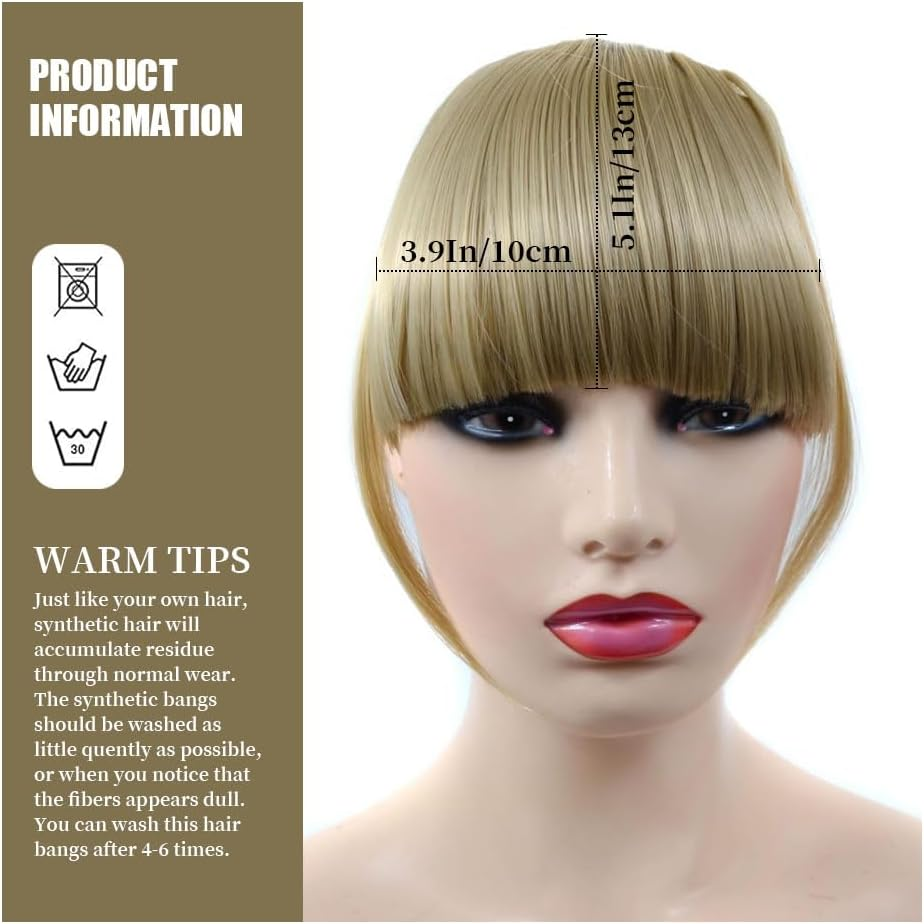 Ash Blonde Bangs Hair Clip Extension French Bang Clip in Thick Natural Full Front Neat Bangs Straight Fringe Bang with Temples One Piece Hairpiece (Ash Blonde) (Golden)