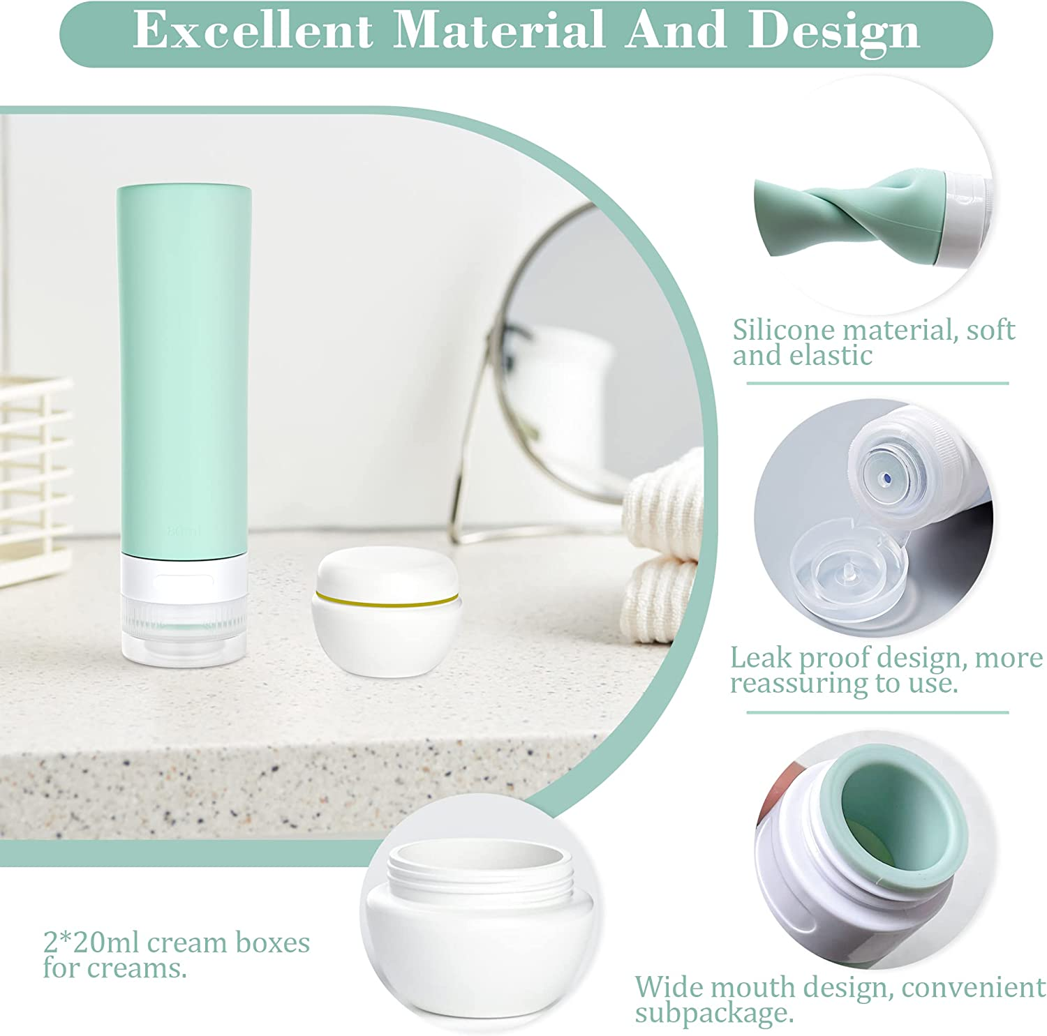 6-Piece Toiletries Set, Four 80ML Leak-Proof Silicone Squeezable Travel Bottles and Two 20ML Cream Boxes for Shampoo Conditioner Lotion Body Wash and Cream Cream&hellip; image number 4