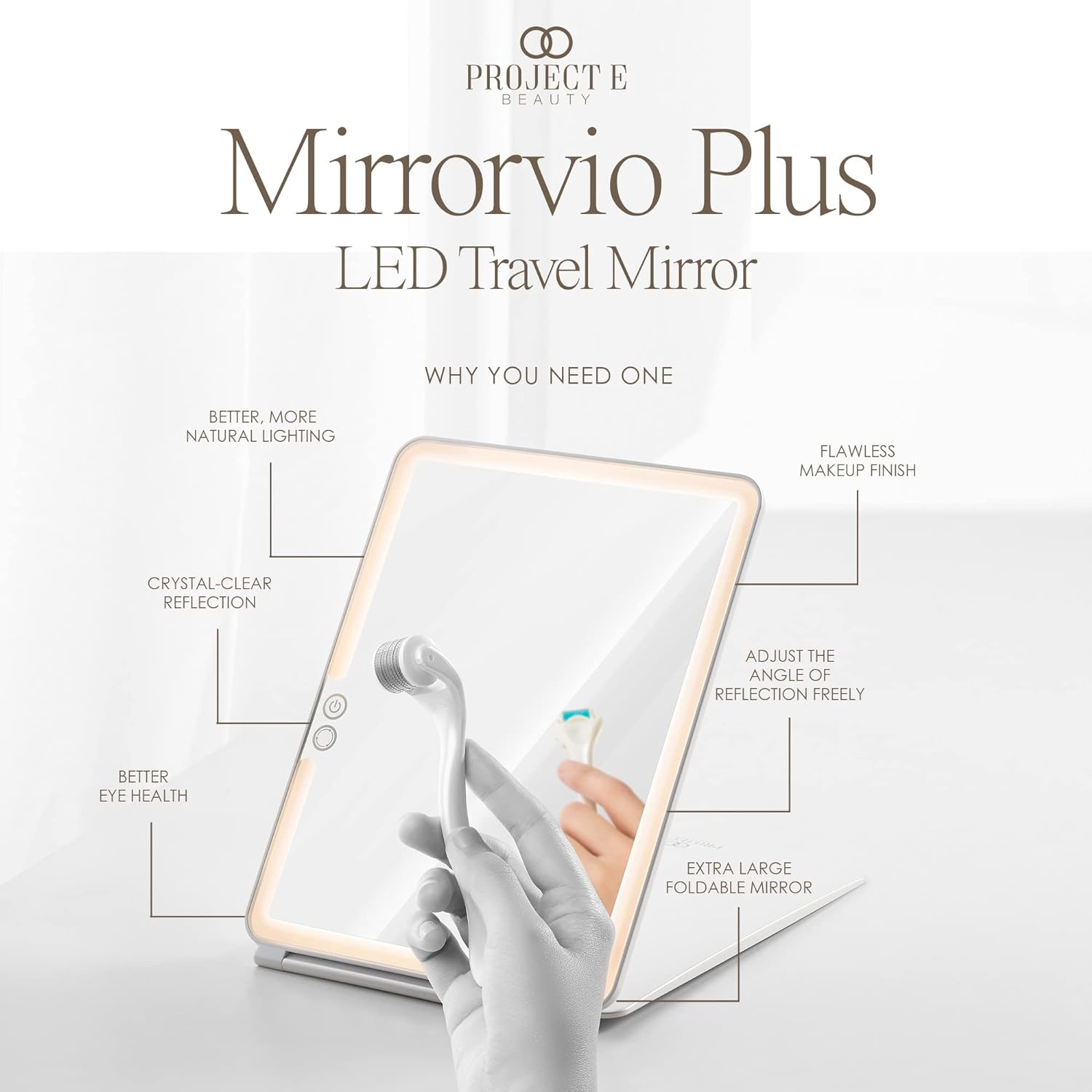 Project E Beauty Mirrorvio plus LED Travel Mirror Lighted Makeup Mirror with 1X 3X 5X Magnification | Rechargeable Vanity Mirror for Desk | 3 Lighting Modes | (1X 3X 5X Magnification)