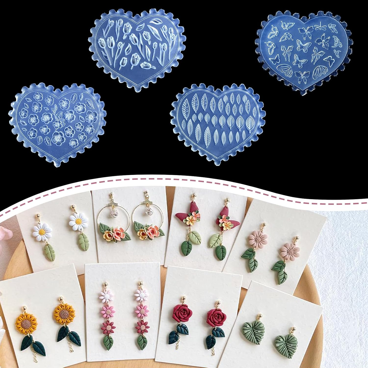 Polymer Clay Molds - 4 Pcs Silicone Molds, Flower，Butterfly,Rose & Leaf Air Dry Molds, Reusable High-Temp Jewelry Making Molds for Earrings with Polymer Clay Cutters image number 5