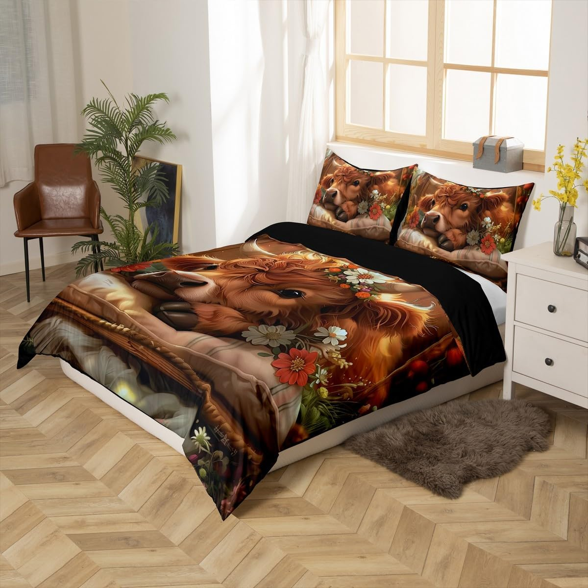 Homewish Cute Highland Cow Duvet Cover for Children Funny Cow Calf Bedding Set 135 X 200 Cm Western Farm Animal with Daisy Flowers Comforter Cover with 1 Pillowcase Bed Set image number 1