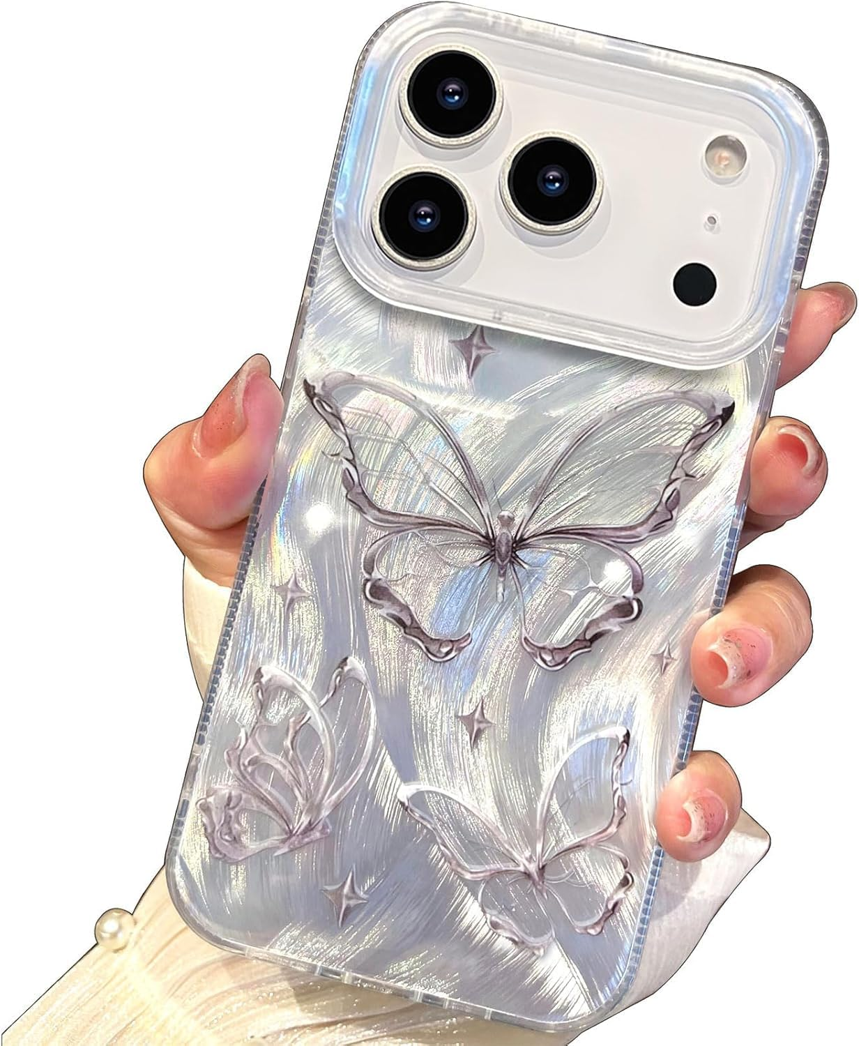 ELEPIK Shiny Fade Series for Iphone 17 Pro Max Case, [Unique Laser Design] Glitter Cute Fade Pattern Slim Soft TPU Protective Women Girl'S Phone Cover, Silver Butterfly image number 4