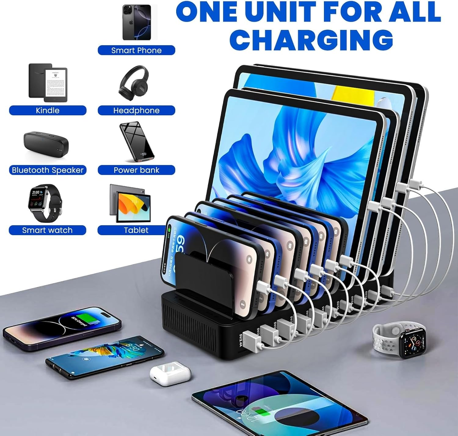 100W USB C Charging Station for Multiple Devices - 10 Ports USB Charger Hub with Smart IC Tech, Flat Plug, Adjustable Dividers, Compatible with Iphone, Ipad, Galaxy, Tablet image number 2