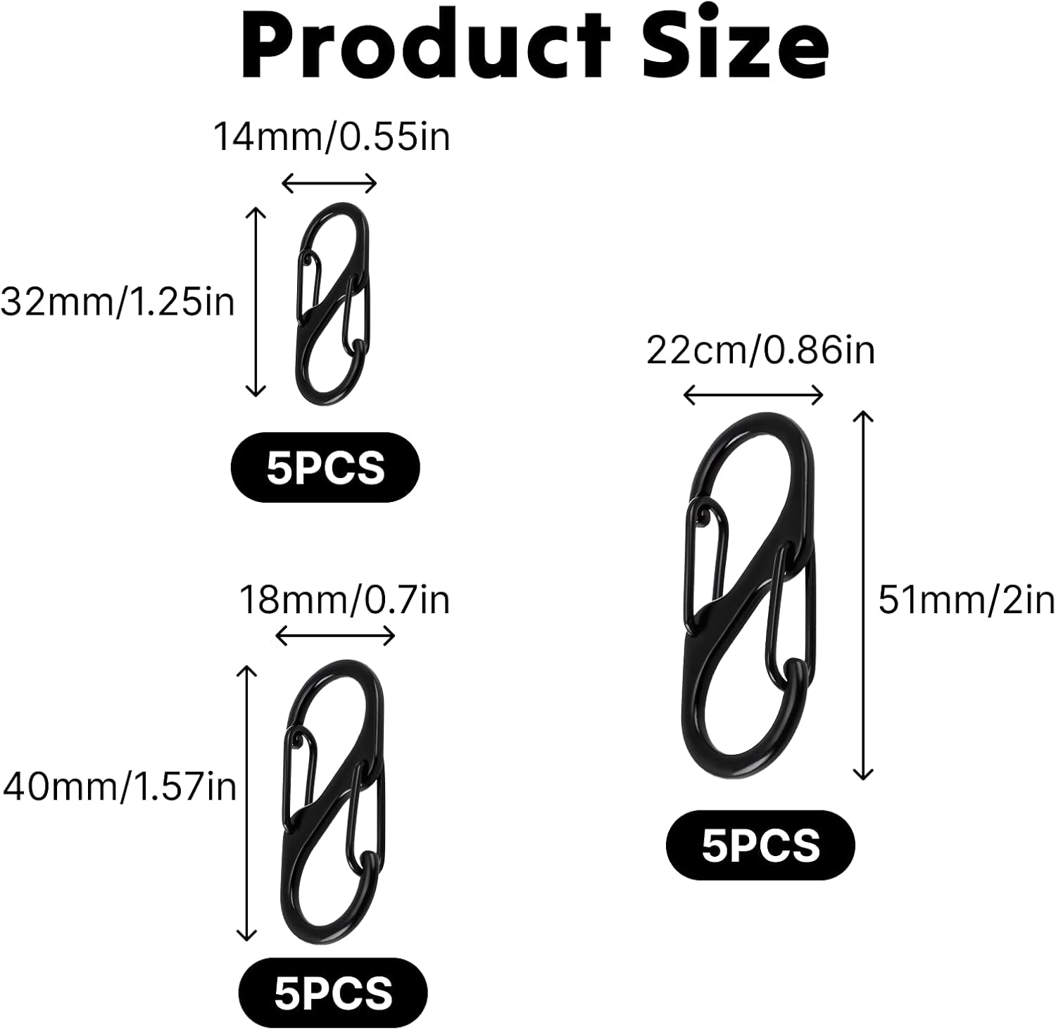 15Pcs Black Zipper Locks with Dual S-Shaped Carabiner Clips, Secure Your Bags, and Tents, Quick Clip Theft Deterrent Double Spring Buckle Hook for Camping, Outdoor Activities (Small, Medium, Large)