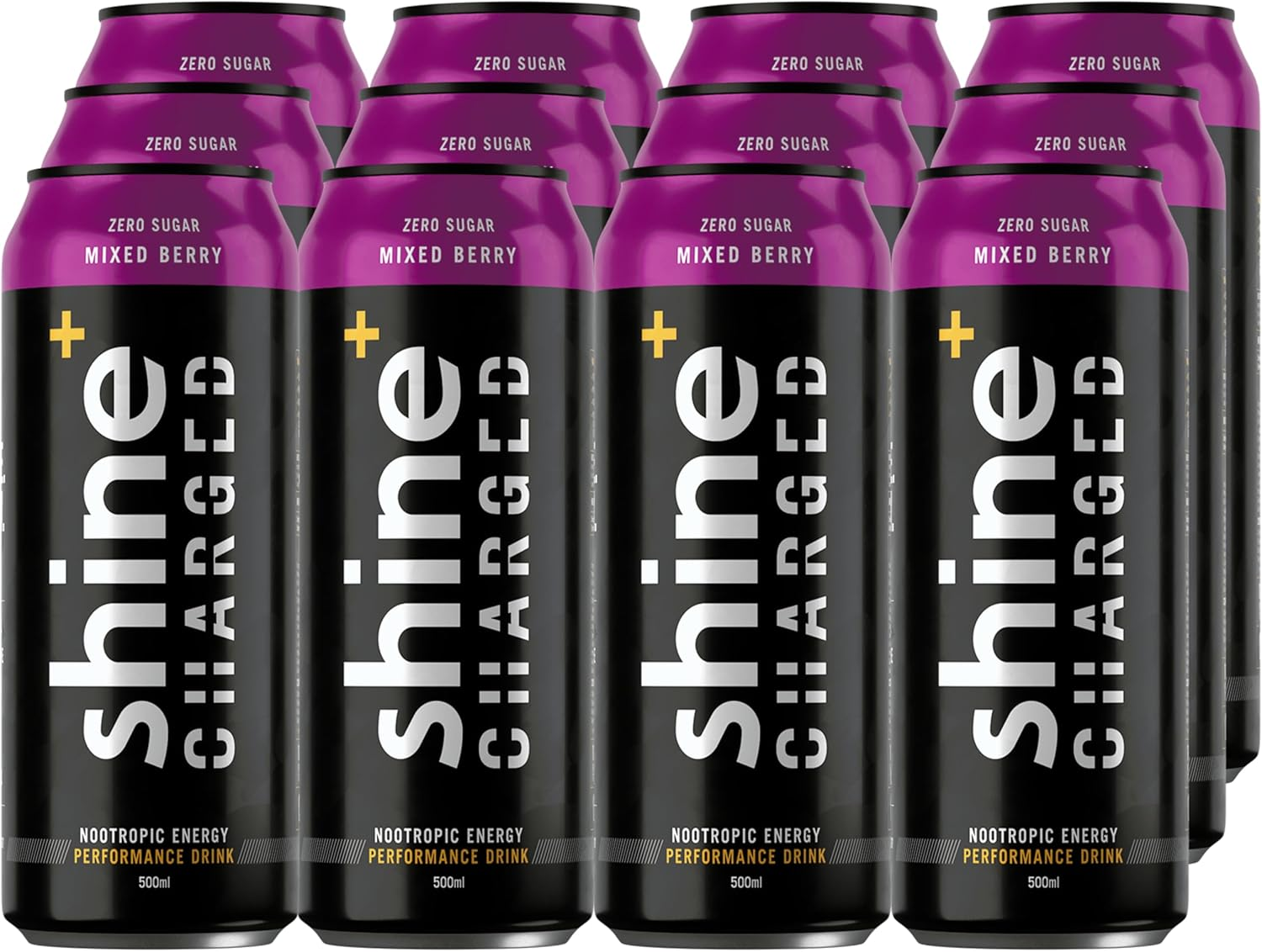 Shine Charged Healthy Energy Drink Carbonated Mixed Berry - Sugar Free Performance Yerba Mate Nootropic, Natural Caffeine, Adaptogens & B Vitamins, 12 X 500Ml