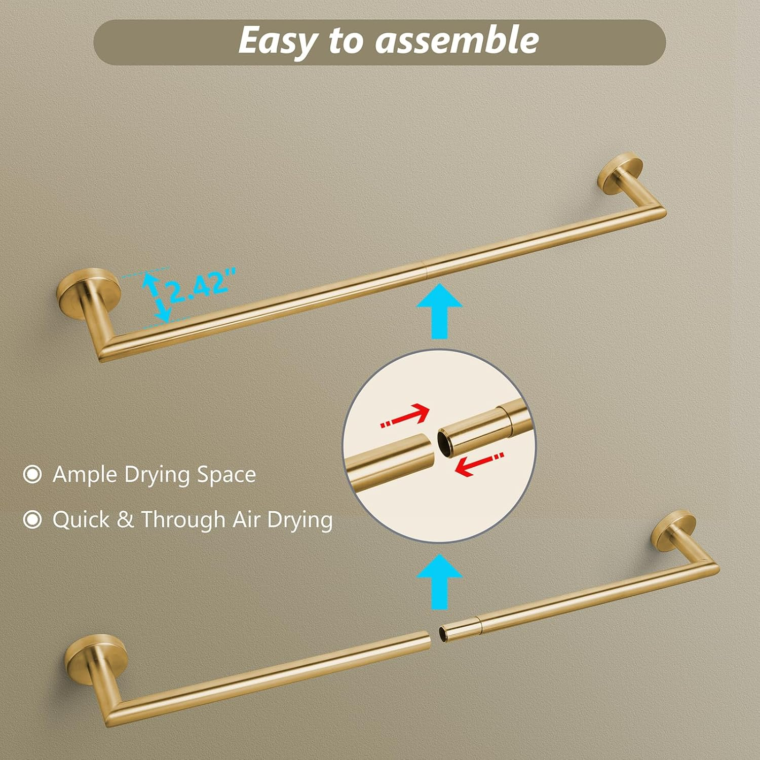 Bathroom Towel Bar 24 Inch Towel Rack Wall Mount Bath Towel Holder Modern Towel Rod Gold Bath Towel Hanger Stainless Steel Brushed Brass Bathroom Accessories Towel Rail Single Towel Bars Brushed Gold image number 1