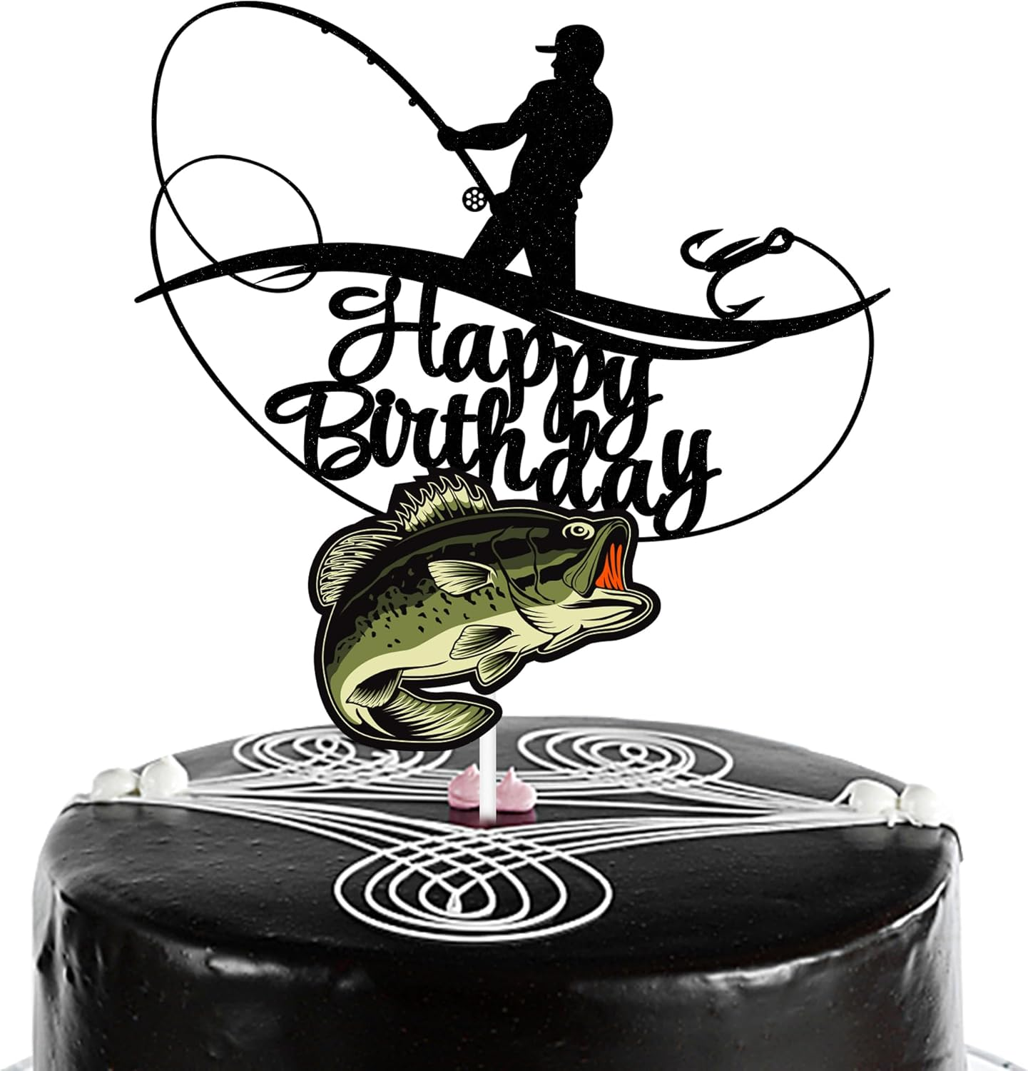 Fisherman Birthday Cake Topper, Angler Shakes His Rod and Catches a Big Fish Cake Topper, Double Sided Glitter