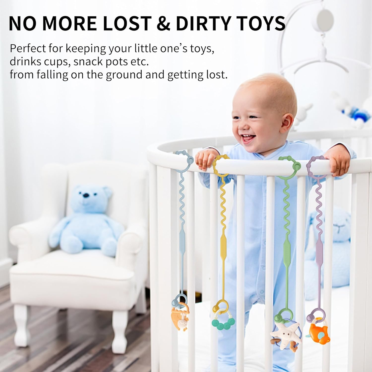 5 Pack Toy Safety Straps - Silicone Adjustable Toy Saver Straps for Pram, Stroller, High Chair, Crib, Car Seat - BPA Free (Multicolor) image number 4