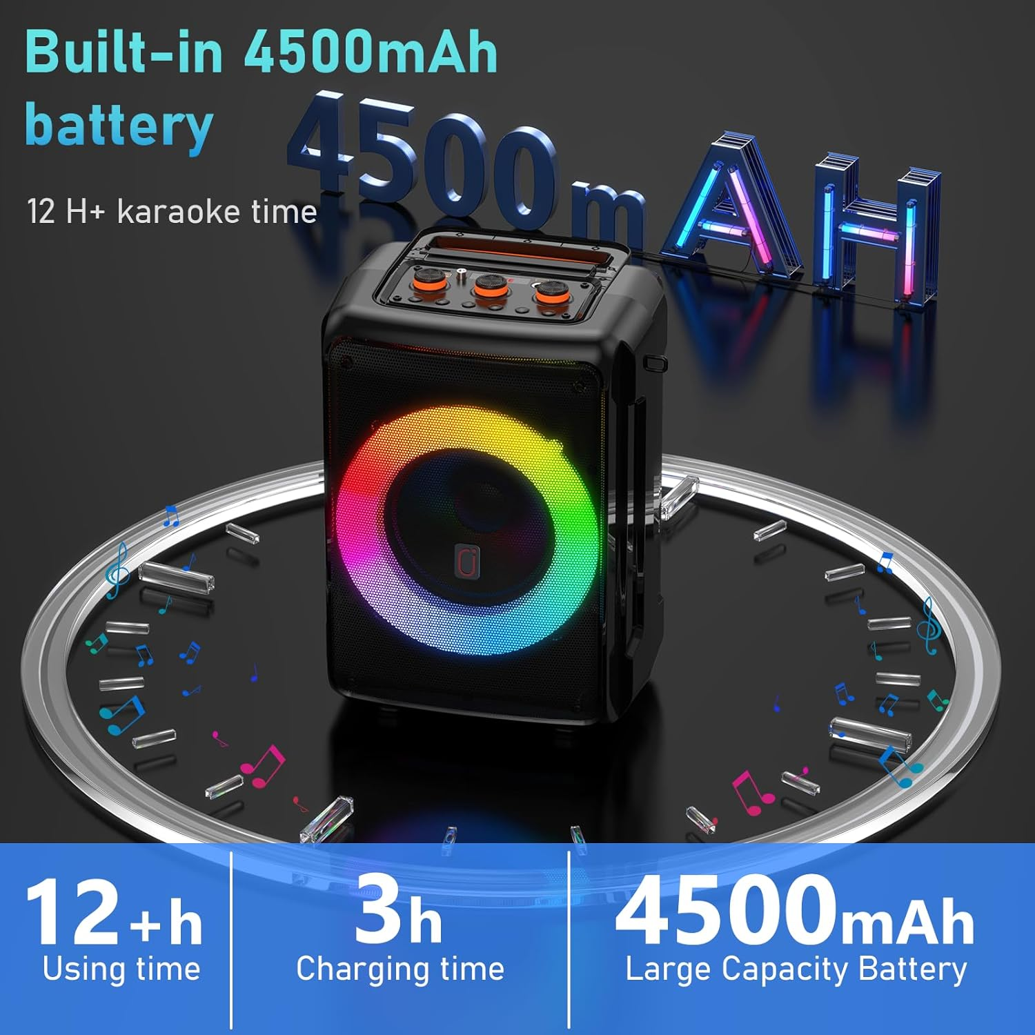 Karaoke Machine with 2 Microphones, Bluetooth Portable Speaker with DJ Party Lights, Support TWS, REC & PA, Ideal for Birthdays, Family Gatherings & Events (Black) image number 6