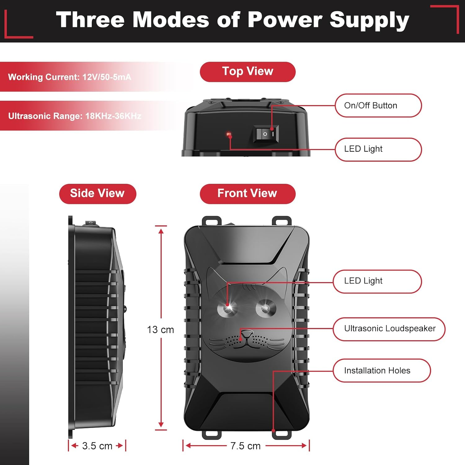 Marten Deterrent Car, Ultrasonic Marten Repellent, Supports USB Charging and 4 AA Batteries, 18-36 Khz Marten Protection with Flash Light, Connects to 12 V Car Battery, for Car, Engine Compartment image number 2