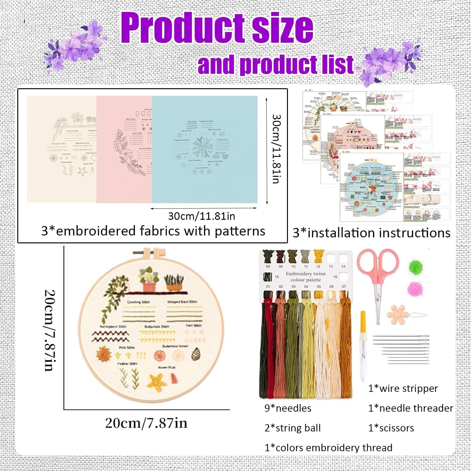 Embroidery Kit for Beginner,3 Sets Stitch Practice Kit, with Hoop and Needle Thread, Flower Cross to Learn 30 Different Adultkids Starter image number 4