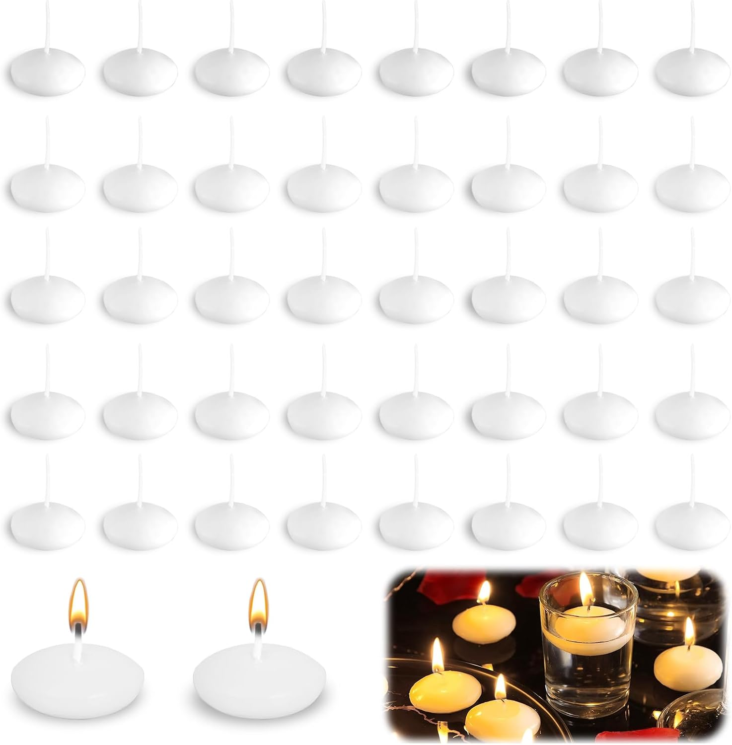 Pack of 42 Floating Candles, White: 3.7 X 1.6 Cm, Smokeless Floating Candles, Fragrance-Free, Decorative Floating Candle, Unscented, for Wedding, Dinner, Christmas, Valentine'S Day, Pool image number 3