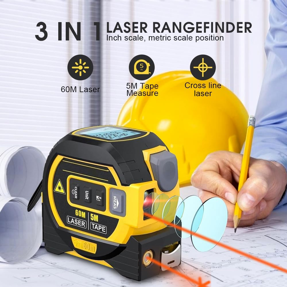 Chamgeco Almighty Ruler Laser Rangefinder, 3-In-1 Infrared Laser Tape Measure, 60M Digital Retractable Laser Measuring Sight with 5M Measuring Tape, Handheld Tape Measure Tool with Large LCD Display