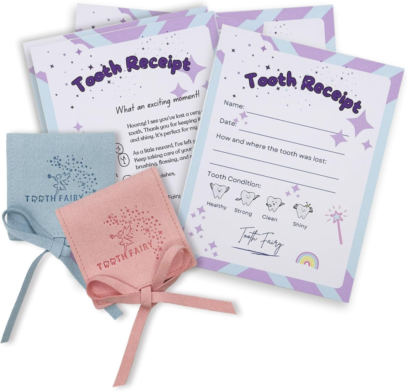 Tooth Fairy Paper Receipts (22 Pack) and 2 Tooth Pouches (Pink and Blue Each) for Kids, Lost Tooth Notes with Tooth Holders, Tooth Fairy Keepsake Kit, Lost Baby Teeth Storage image number 4