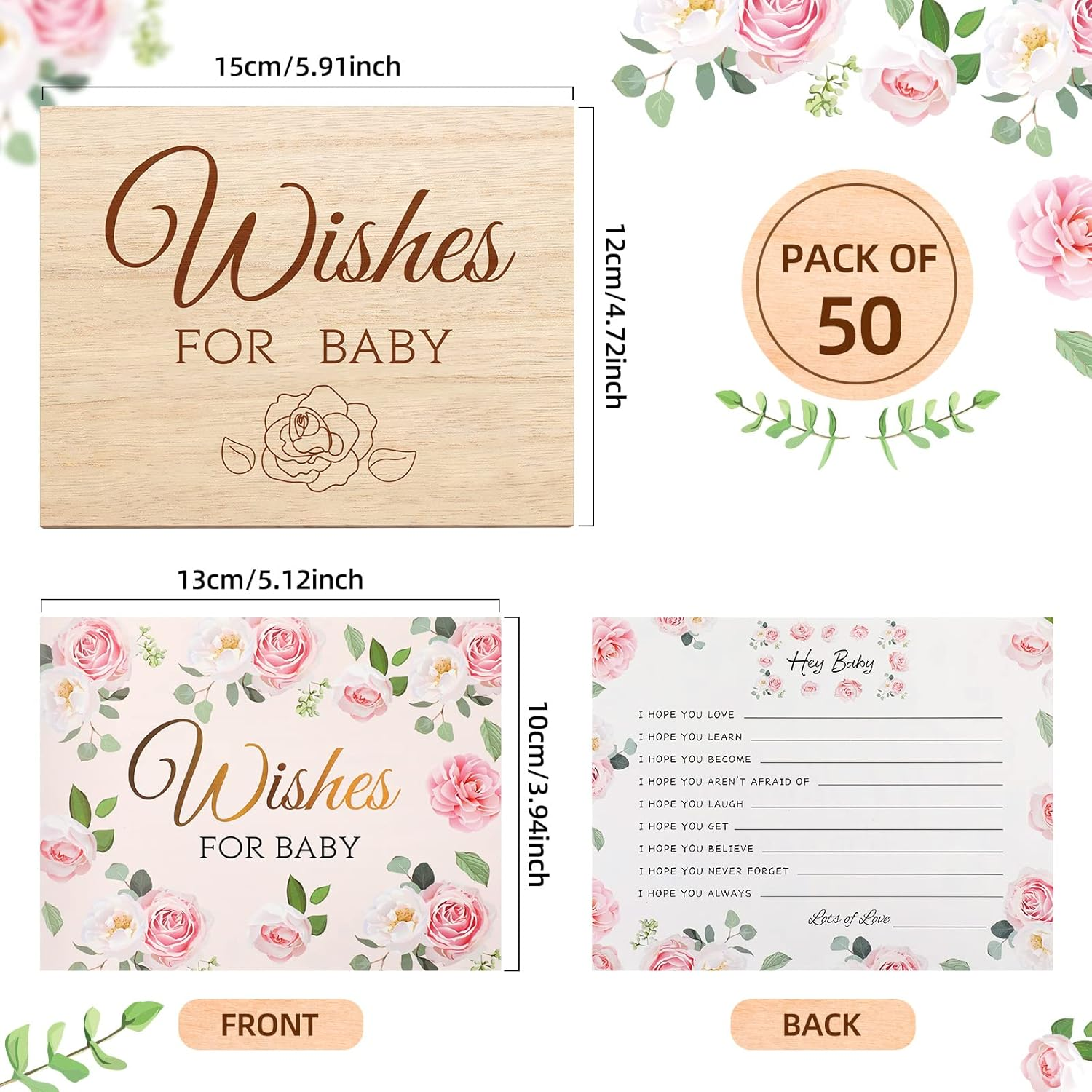 Junkin 50 Pack Baby Shower Advice Cards and Wood Baby Keepsake Box, Baby Advice Cards Wishes for Baby Cards for Baby Shower Games Invitations Gifts, 5 X 4 Inch (Flower)