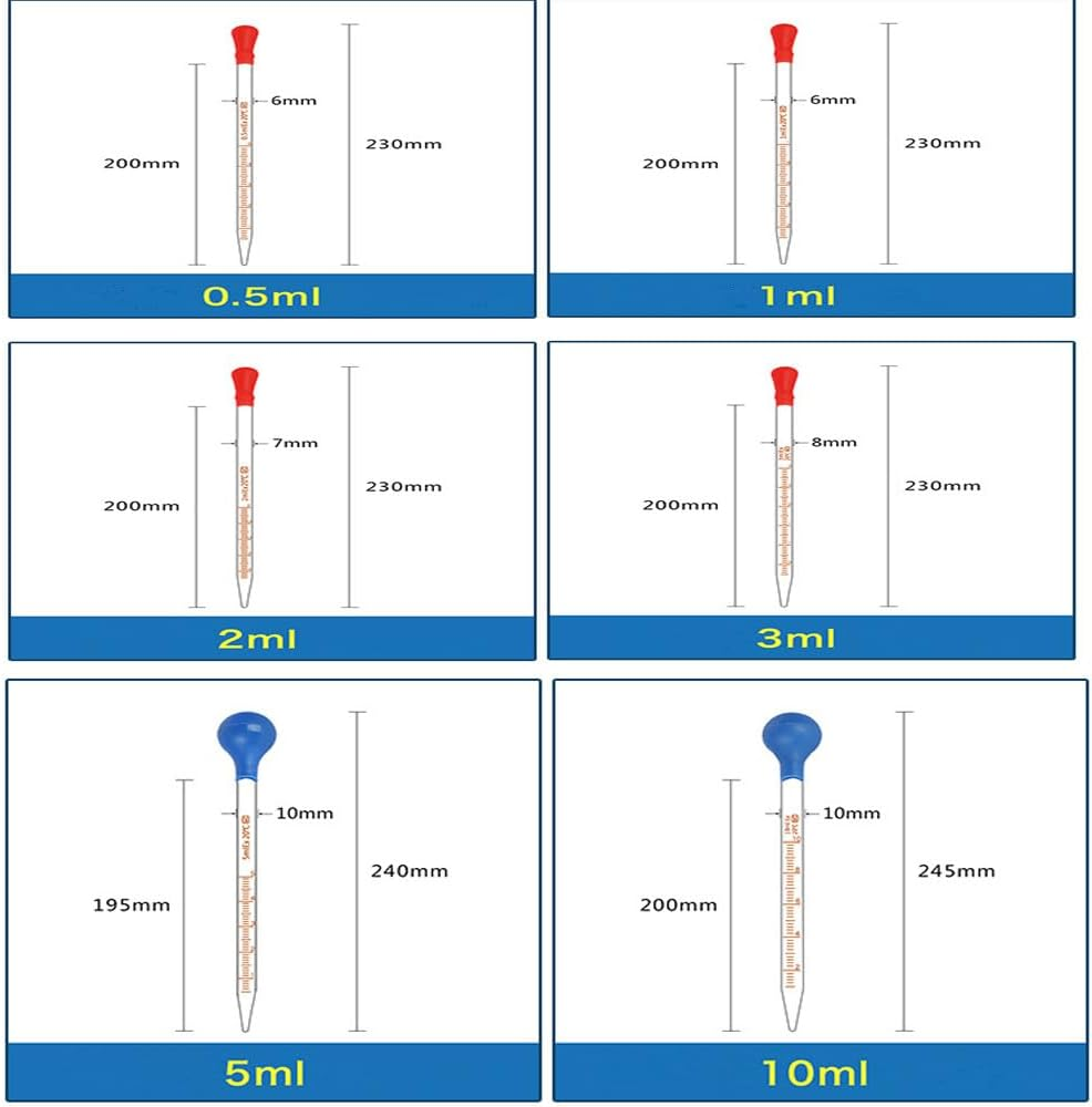 6 Pcs Thick Glass Graduated Pipettes Dropper Kit (0.5Ml 1Ml 2Ml 3Ml/5Ml 10Ml) with 6 Rubber Caps & 2 Dropper Brushes, for Precise Liquid Transfer, Lab Measuring (A) image number 5