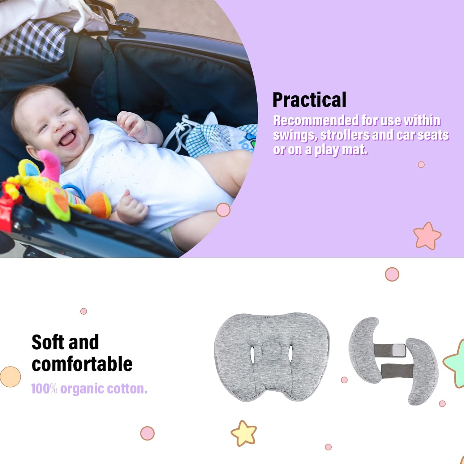 Upgraded 2 in 1 Baby Travel Pillow, Adjustable Banana Shape Baby Neck Head Support Piloow Stroller Insert Cushion for Kids, Toddler, Grey - Blue image number 2