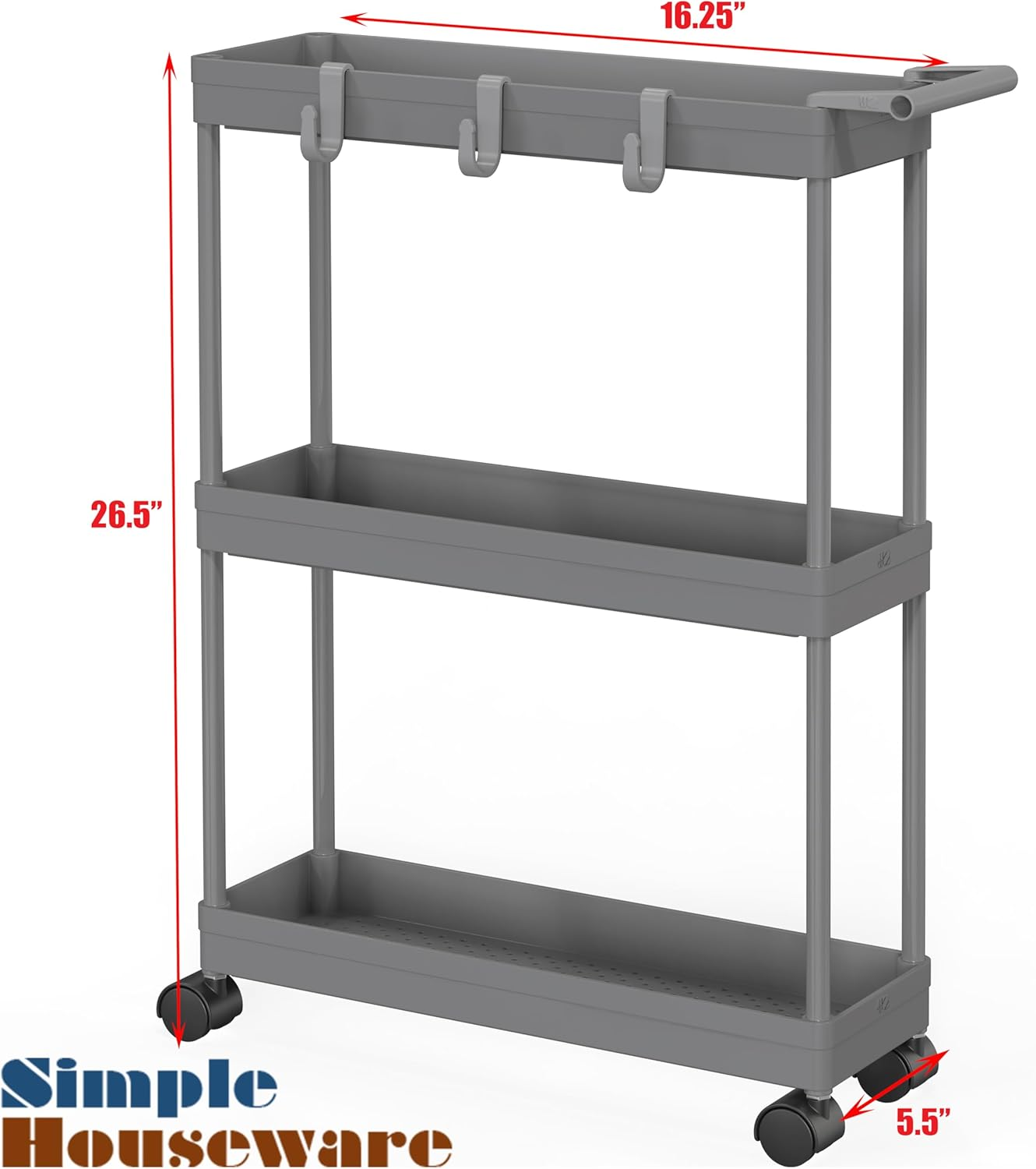 Simplehouseware 3-Tier Slim Rolling Cart with Handle and Hooks for Kitchen and Bathroom Trolley, Grey image number 5