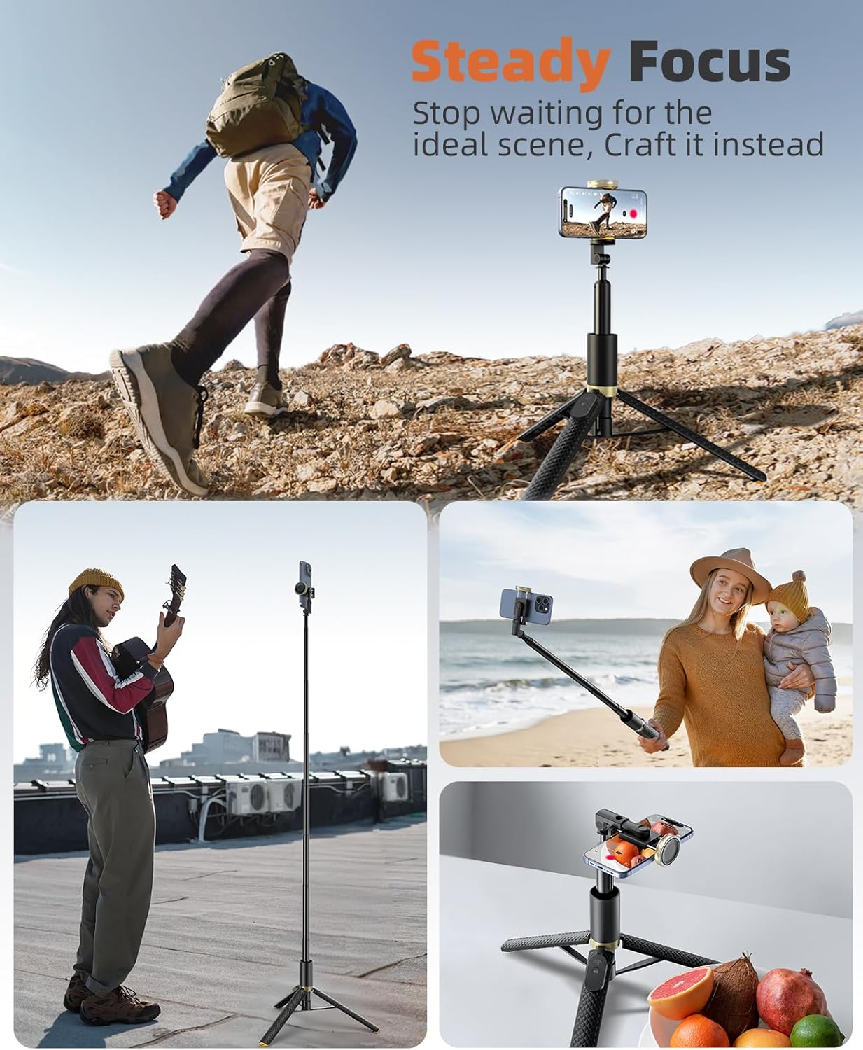 Vimose 62" Phone Tripod Stand & Selfie Stick with Remote, Unified All-In-1 Extendable Cell Phonetripod for Iphone/Android image number 4