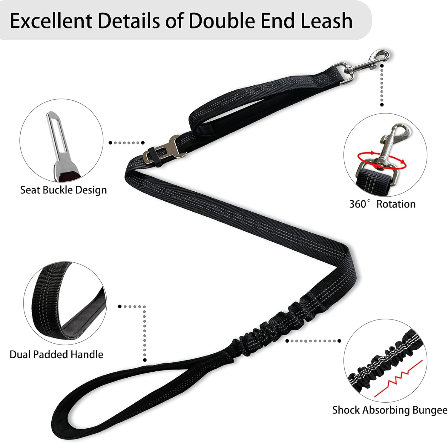 Kelivi Double Dog Lead, Dual Lead for Dogs No Tangle with Two Padded Handle & Car Seat Belt Buckle, 360&deg; Swivel Heavy Reflective Adjustable Bungee Double Dog Leash for Walking Medium Large Dog (Black) image number 3