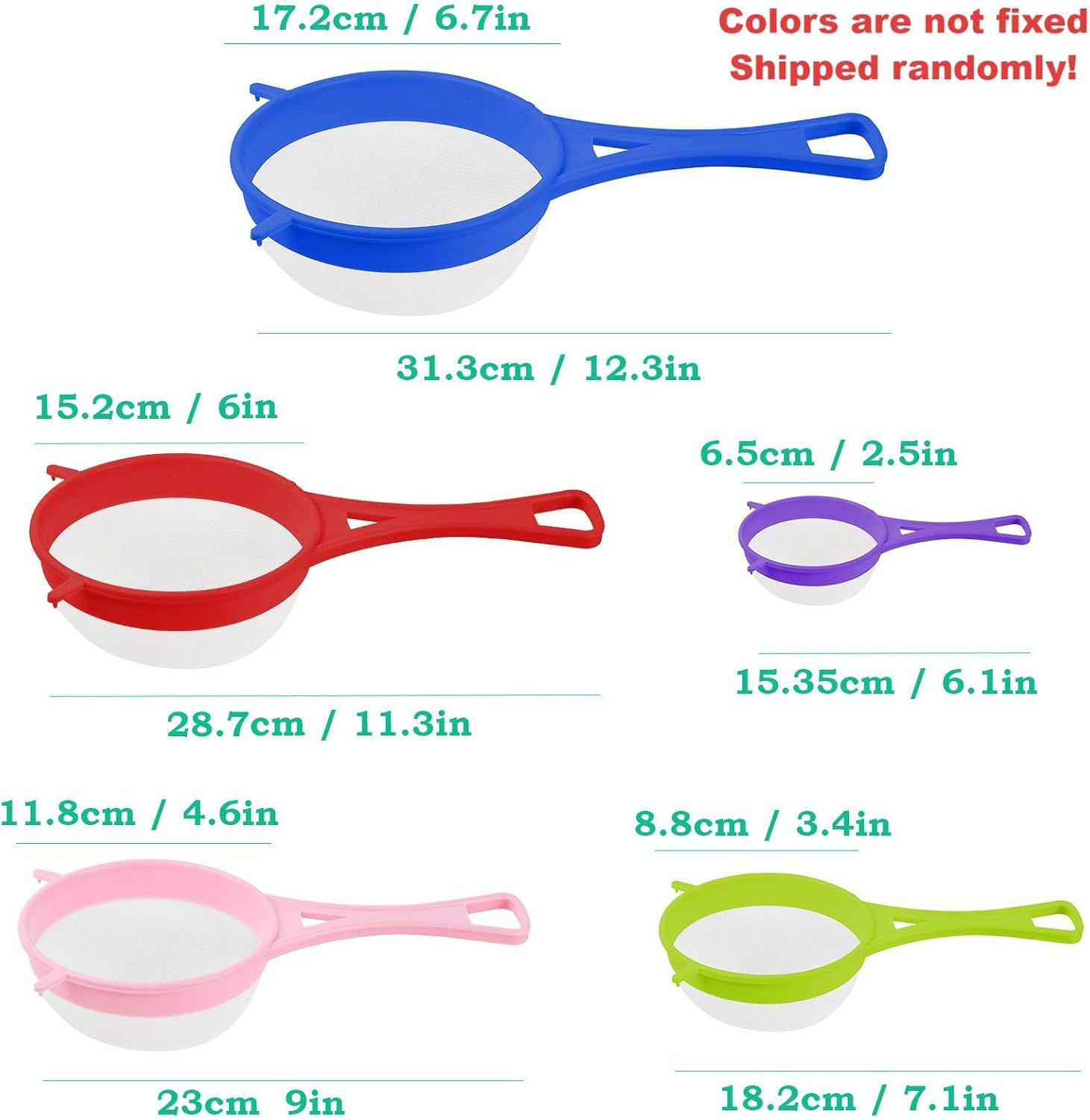 Pack of 5 Kitchen Strainers, Fine Mesh Plastic Strainer, Nylon Sieve with Stirrer, Flour Sieve for Tea, Rice, Fruit, Vegetables, Juice, Milk, Coffee, 6/8/12/15/17 Cm image number 4