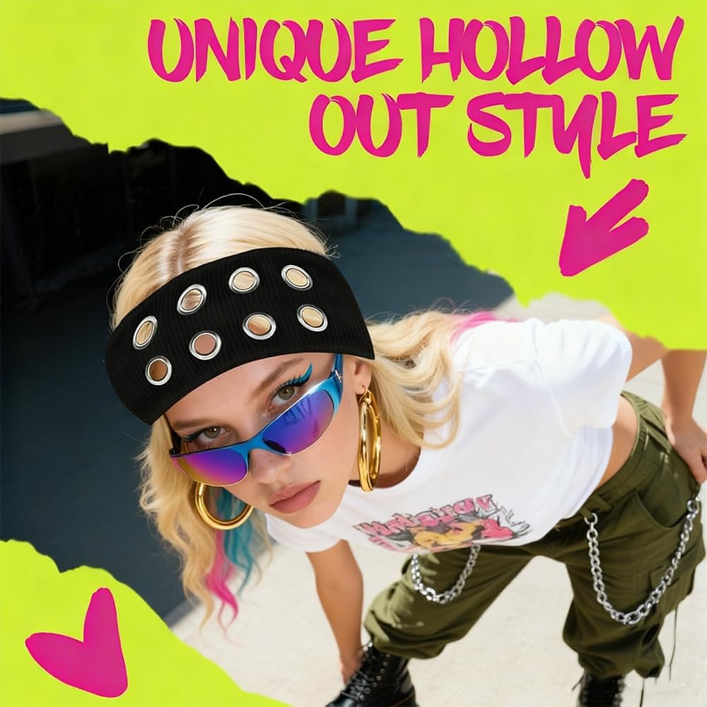 4PCS Women&rsquo;S Cutout Eyelet Elastic Headband Set &ndash; Y2K Wide Hairband for Punk, Rock, Boho Style (Black, Ocean Green, Camel, Wine Red)