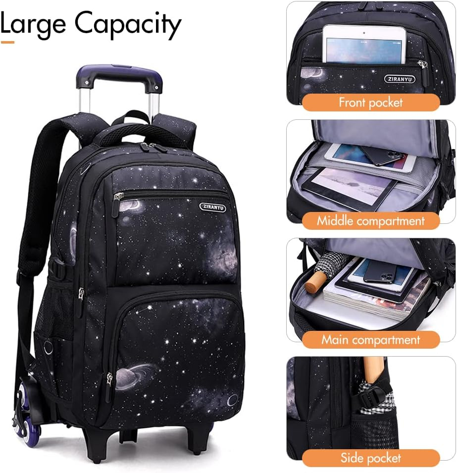 Sazak Kids Rolling Backpack for Boys Girls Luggage Wheeled Backpack Trolley School Bag Bookbag with Lunch Bag Pencil Bag Dark Blue with Stars