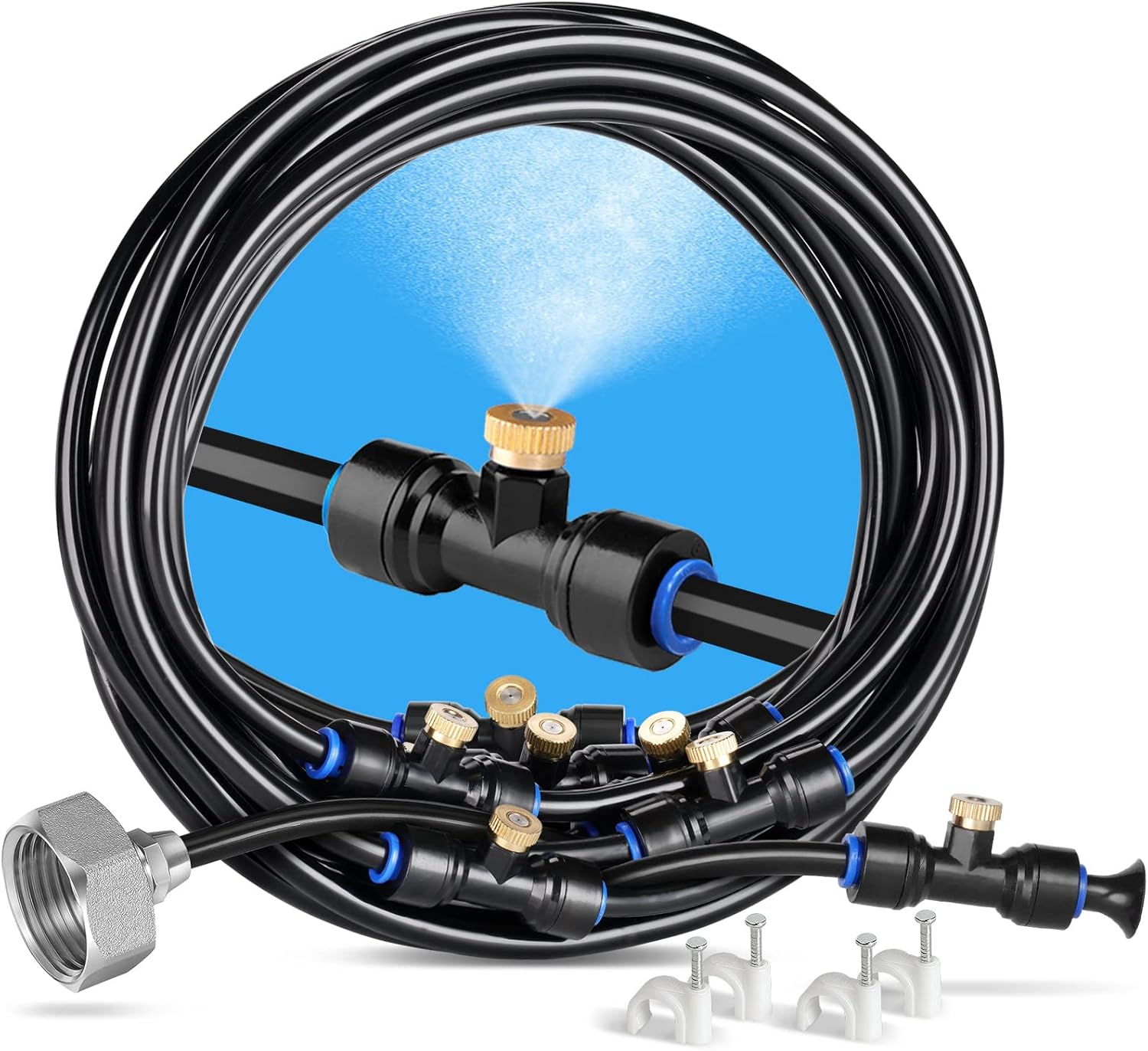 HOMENOTE Misting Cooling System, 26FT (8M) Misting Line + 7 Brass Nozzles + Adapter, Outdoor Mister for Patio, Garden, Greenhouse, Trampoline, Waterpark image number 1