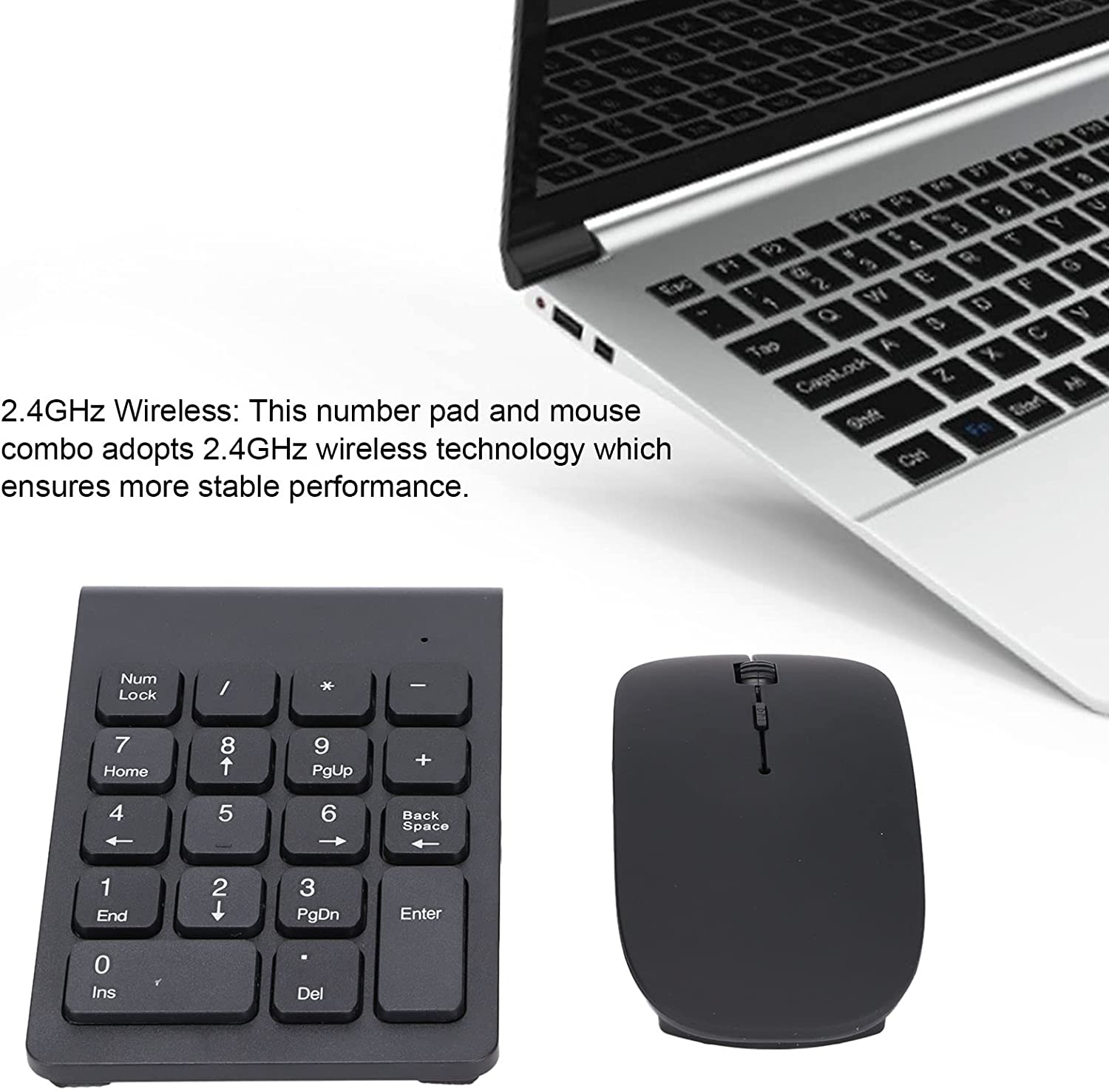 Wireless Number Pad and Mouse Combo, Portable Ultra Slim 2.4Ghz USB Wireless 18 Keys Numeric Keypad and Mouse Set for Laptop, Notebook, Desktop, PC Computer, Plug and Play, Black image number 4
