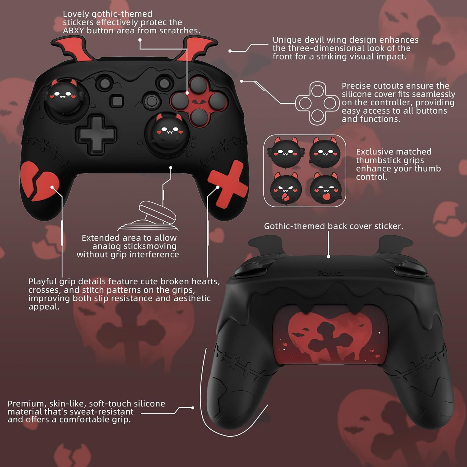 Playvital Gothic Imp Series Cute Silicone Case for Nintendo Switch Pro Controller with 4 Thumb Grip & 2 Sticker, Non-Slip Anti-Scratch Protective Silicone Skin Cover - Black - Black image number 4