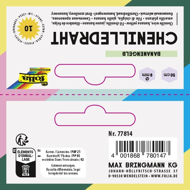 Folia 77814 - Chenille Wire Pipe Cleaners, Pack of 10 in Banana Yellow, Diameter 8 Mm and 50 Cm Long, Ideal for Children for Crafts and Design Animals, Figures and Other Shapes