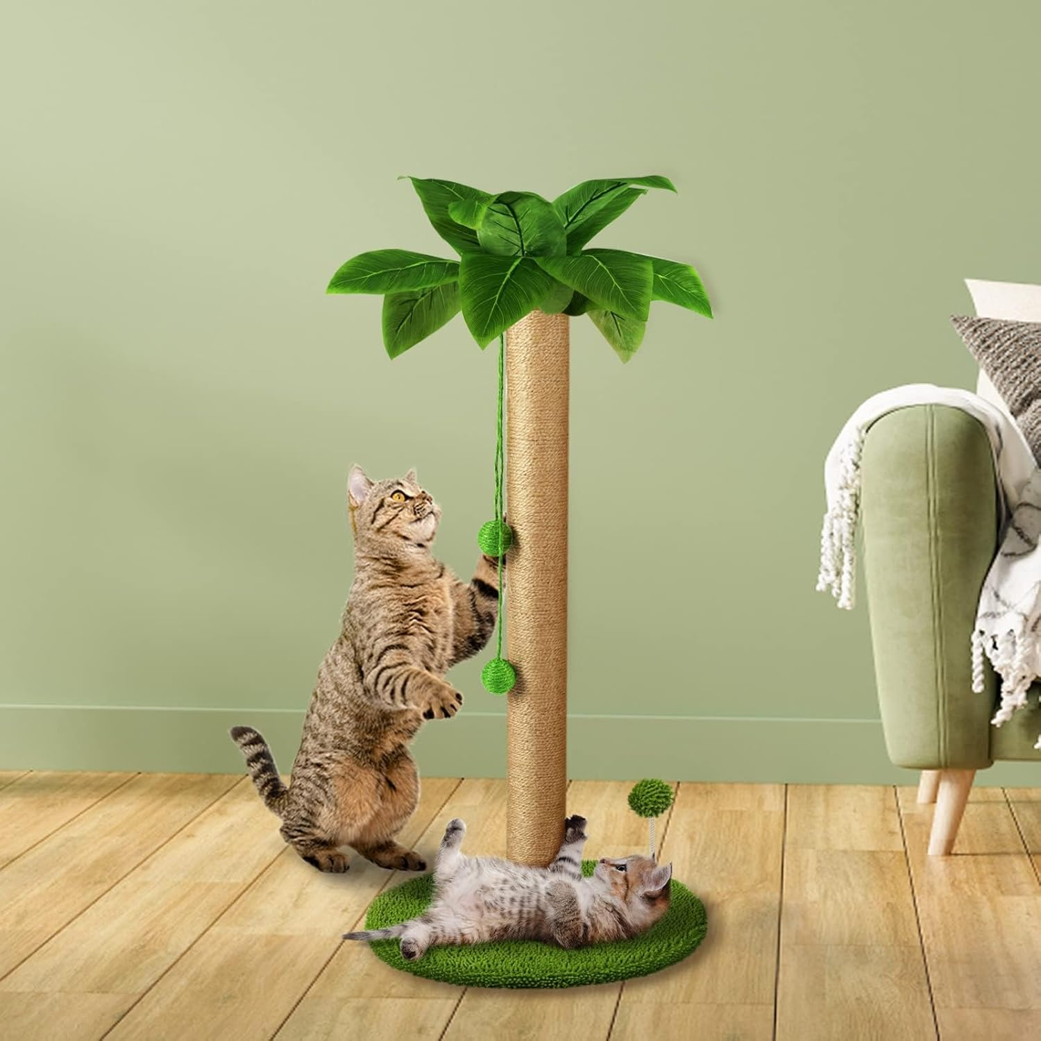 Cat Scratching Post, Tall Scratch Tree with Premium Sisal Rope, Two Interactive Dangling Balls and Spring Ball Toys for Indoor Kittens and Cats, 40 * 63 Cm image number 1
