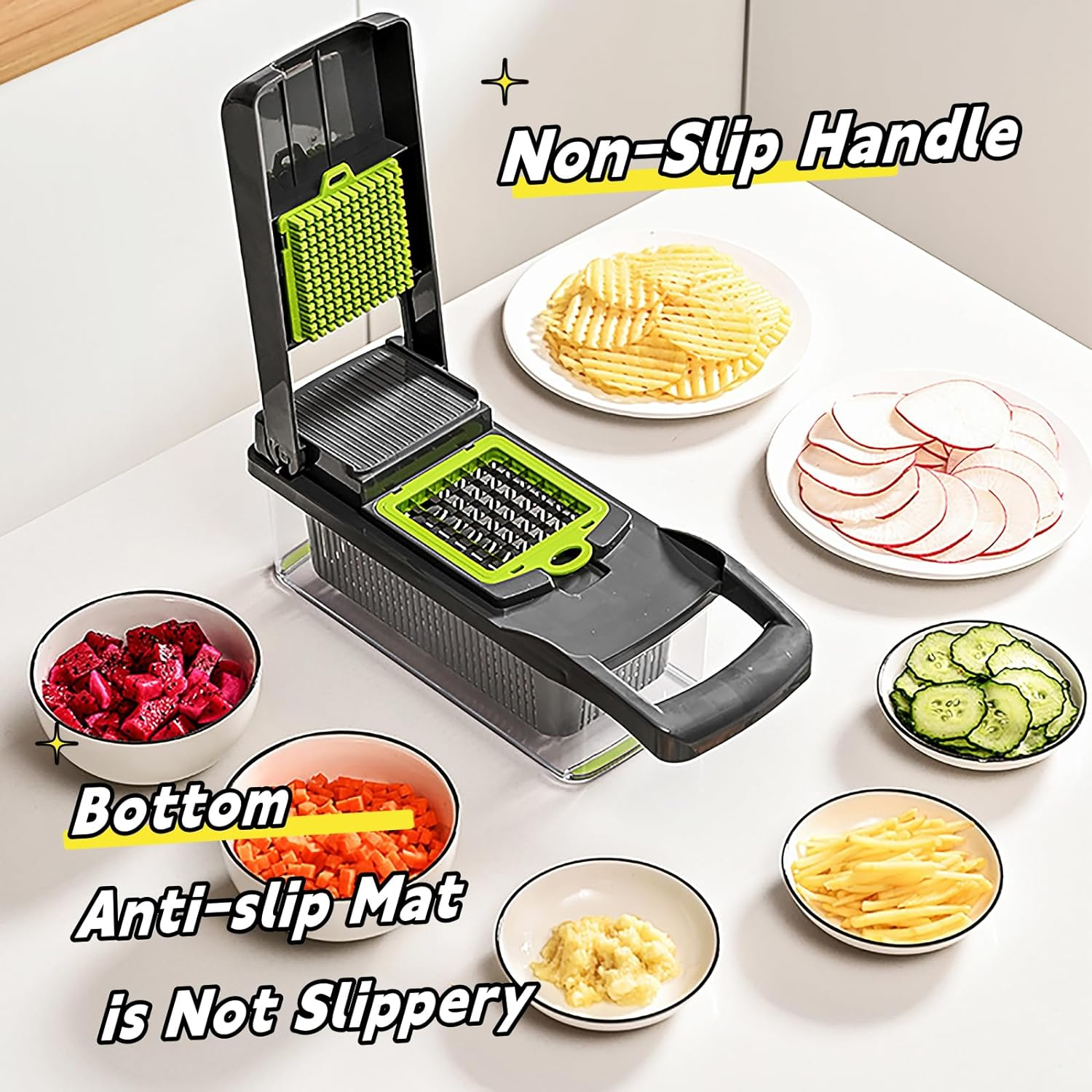 Vegetable Chopper Multifunctional Onion&Carrot Dicer，Potato Slicer Cutter，Pumpkin&Carrot Shreds with Sharp Blades，Egg White Separator and Drainage Basket (Grey Anti-Slip) image number 2