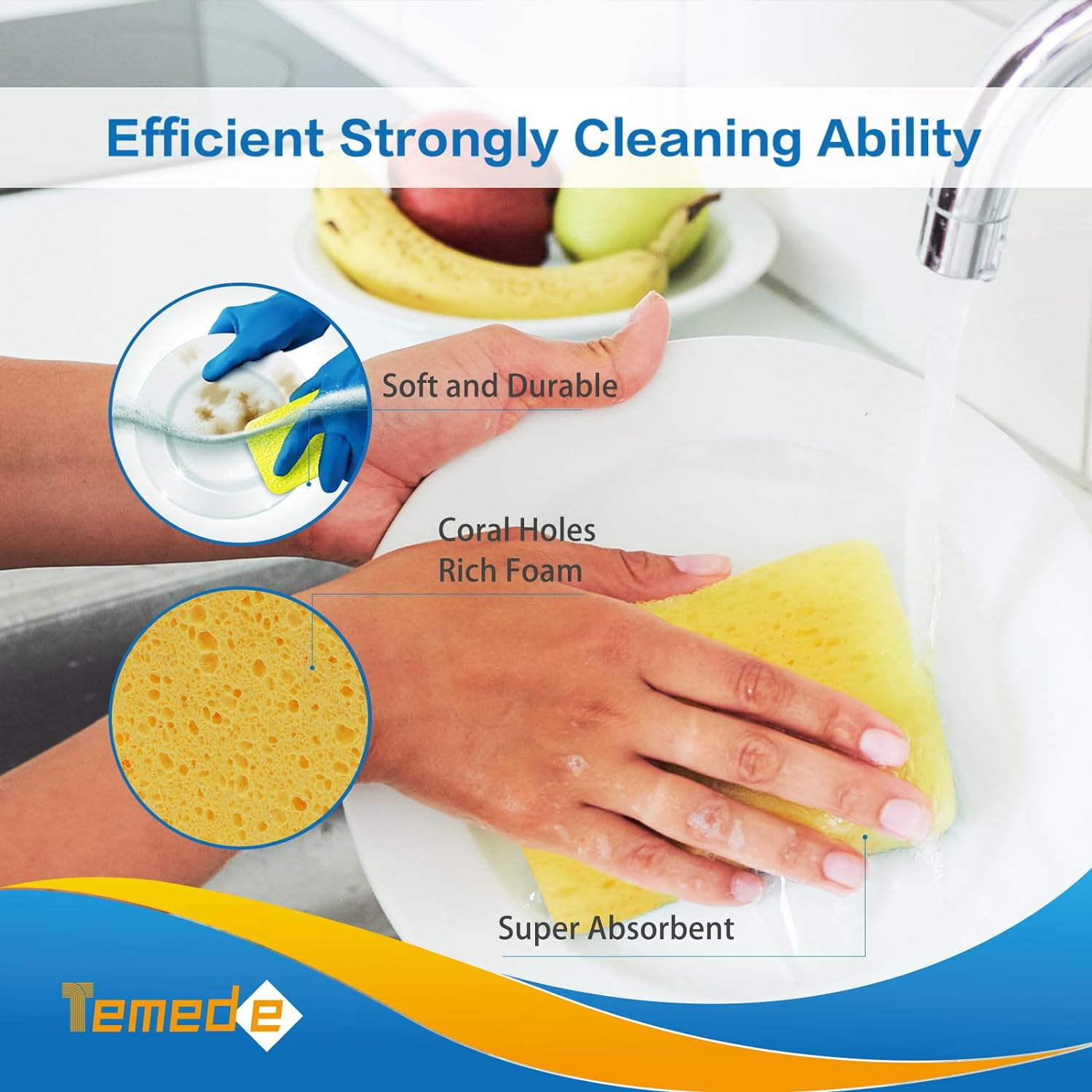 Temede Sponges for Dishes, Large Cellulose Kitchen Sponge, 3.5Cm Thick Heavy Duty Scrub Sponges for Cleaning, Non-Scratch Dish Scrubber Natural Sponge for Household Cleaning, Cookware, Bathroom, 5Pcs