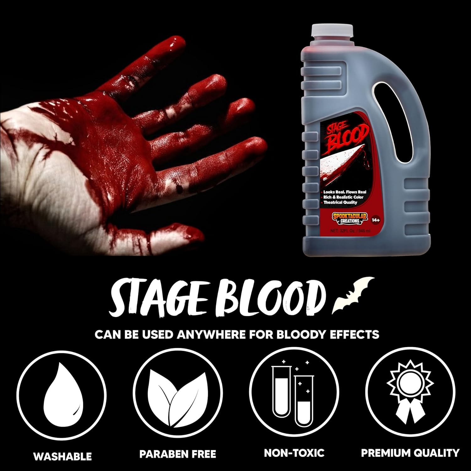 Spooktacular Creations 32 Oz Fake Halloween Vampire Blood Bottle for Halloween Costume, Zombie, Vampire and Monster Makeup & Dress Up image number 3