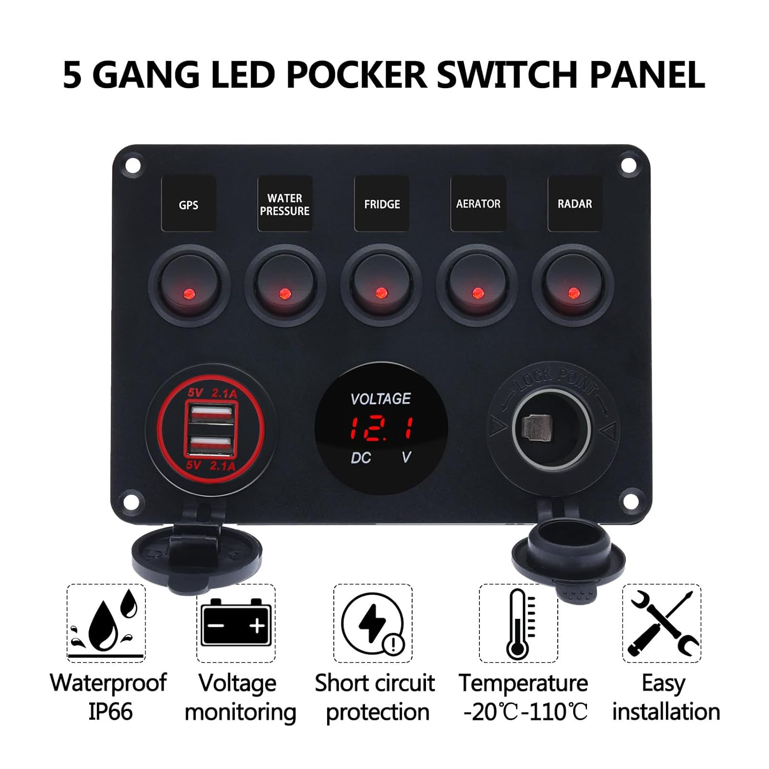 Boat 5 Gang Rocker Switch Panel for Car Rv Truck Marine Toggle Switches Waterproof 12V RED LED Aluminum Socket Panel with 4.2A Dual USB Charger + Cigarette Lighter + Voltmeter (5Gang RED) image number 4