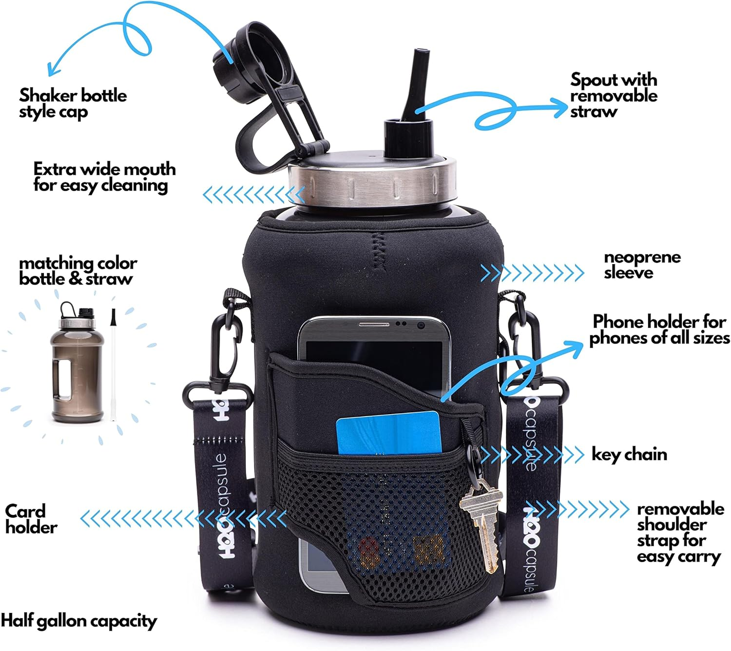 H2O Capsule 2.2L Half Gallon Wide Mouth Water Bottle with Storage Sleeve and Removable Straw - Hydration Tracker Jug with Measurements Marked &ndash; Shatterproof Bpa-Free, Jet Black - Check Mate image number 5