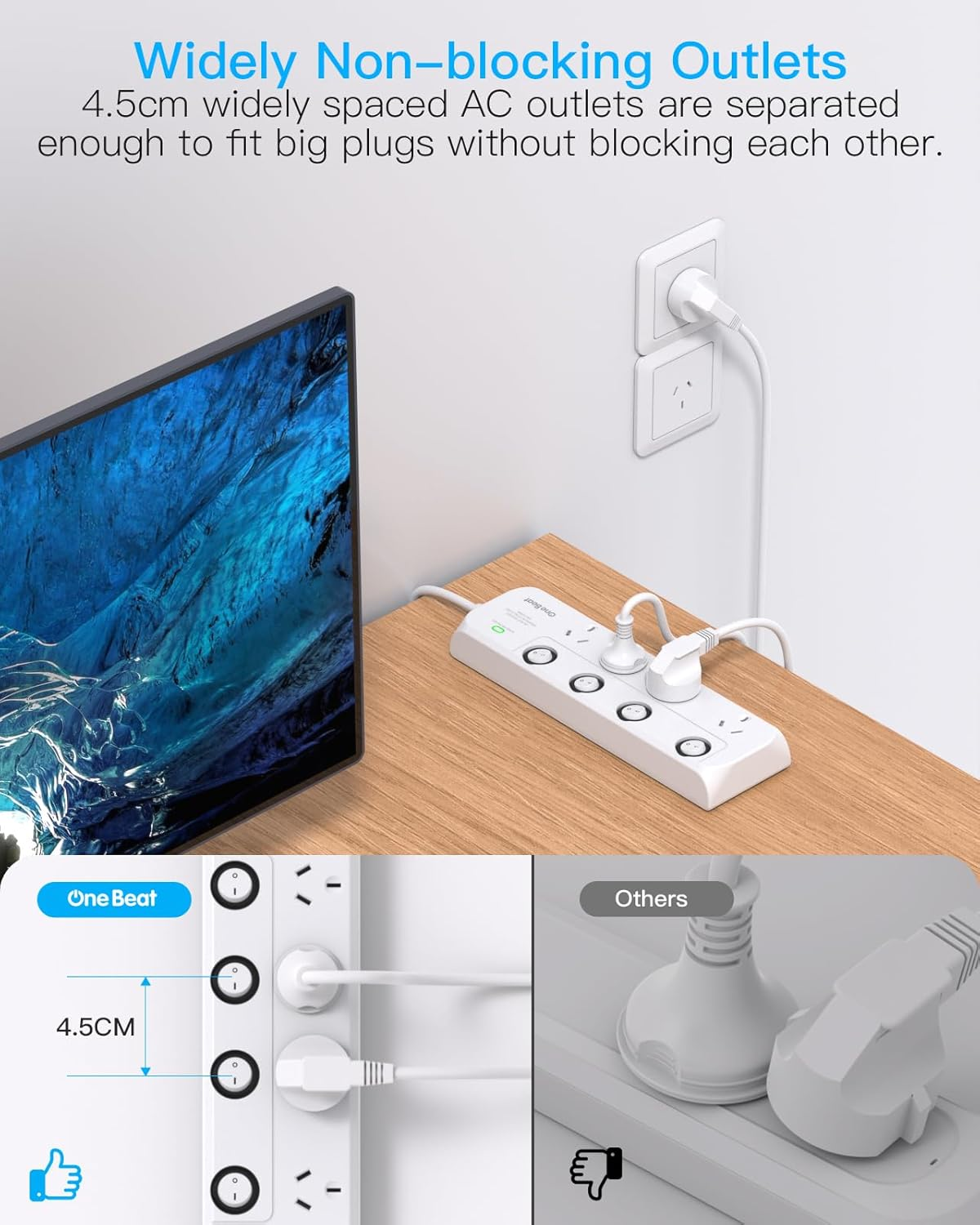 Power Board Surge Protector with Individual Switch,Power Strip with 4 AC Outlets, 1.2M Extension Cord 350 Joules Powerboard,Extension Board Wall Mount for Home,Dorm Room and Office image number 5