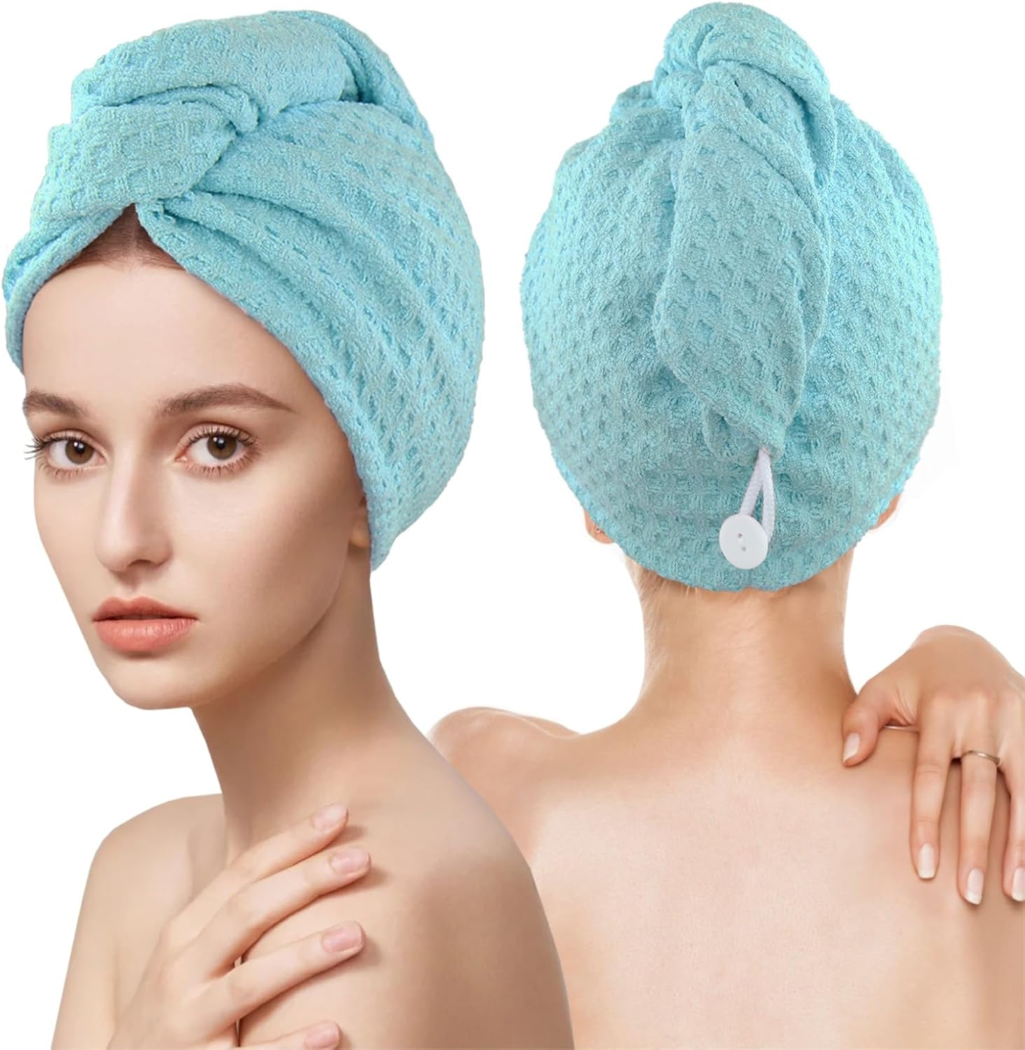 Microfiber Hair Drying Towel with Button 1Pack Khaki Waffle Long Hair Head Wraps Twist Plopping Curly Shower Turban Terry Cloth Fast Absorbent Dry anti Frizz Hair Wraps for Women Wet Hair