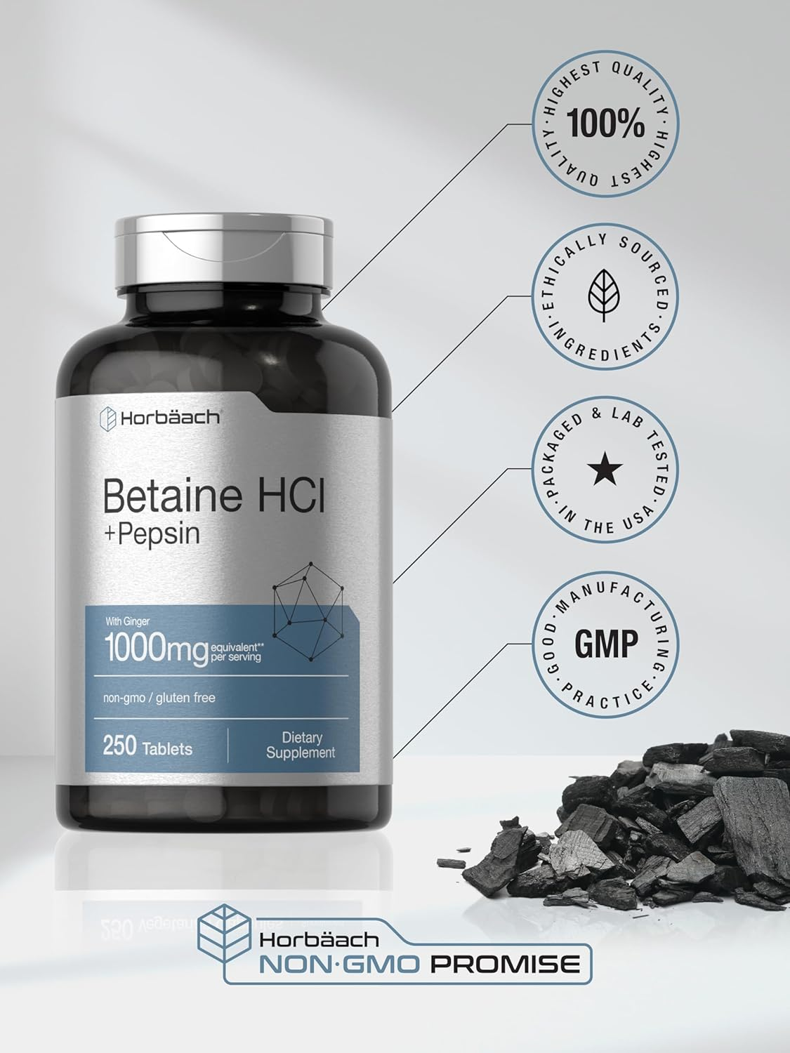 Betaine Hcl with Pepsin | 1326Mg | 250 Capsules | Betaine Hydrochloride Supplement | with Protease | Non-Gmo, Gluten Free, Vegetarian | by Horbaach image number 5