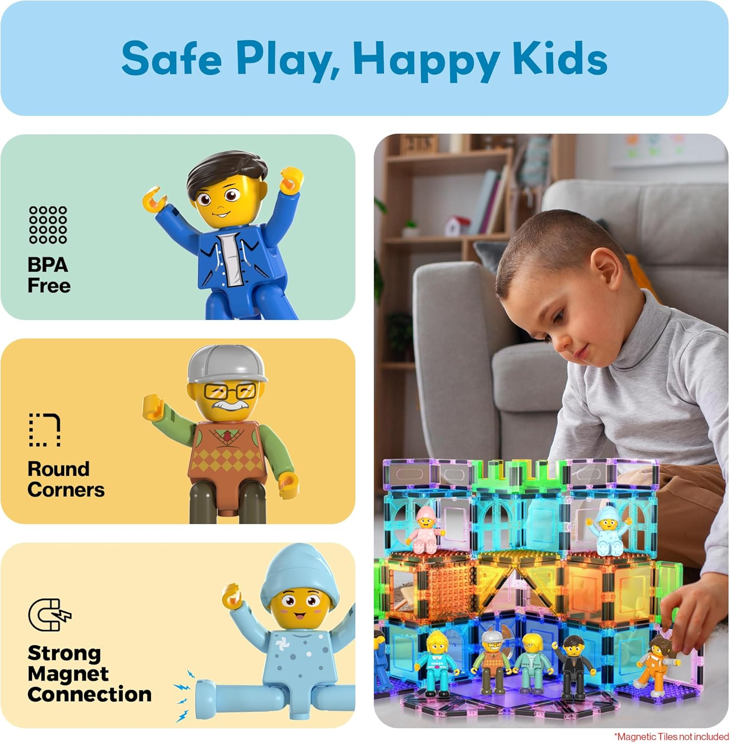 Picasso Toys Magnetic Action Figures 8 Piece Family Character for Construction Building Block Tiles Toddler Toy Set Magnet Expansion Variety Pack Educational STEM Learning Kit Pretend Playset PTA11 image number 5