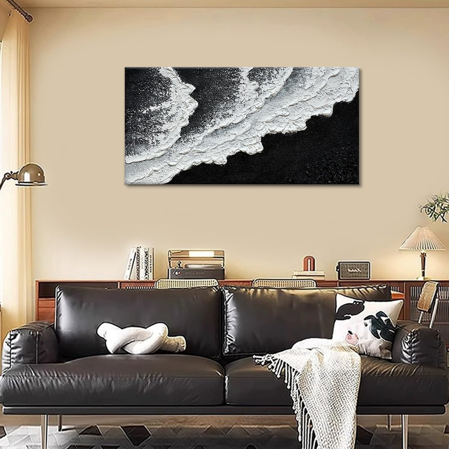Black and White Beach Wave Textured Wall Art 3D Oil Painting Hand Painted Abstract Canvas Framed 40X20 Inch Acrylic Painting image number 4