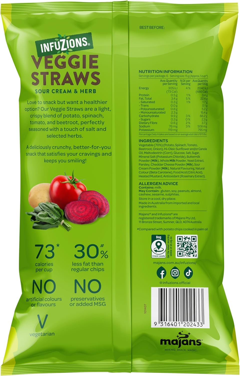 Infuzions Veggie Straws Sour Cream & Herb Flavour 90G