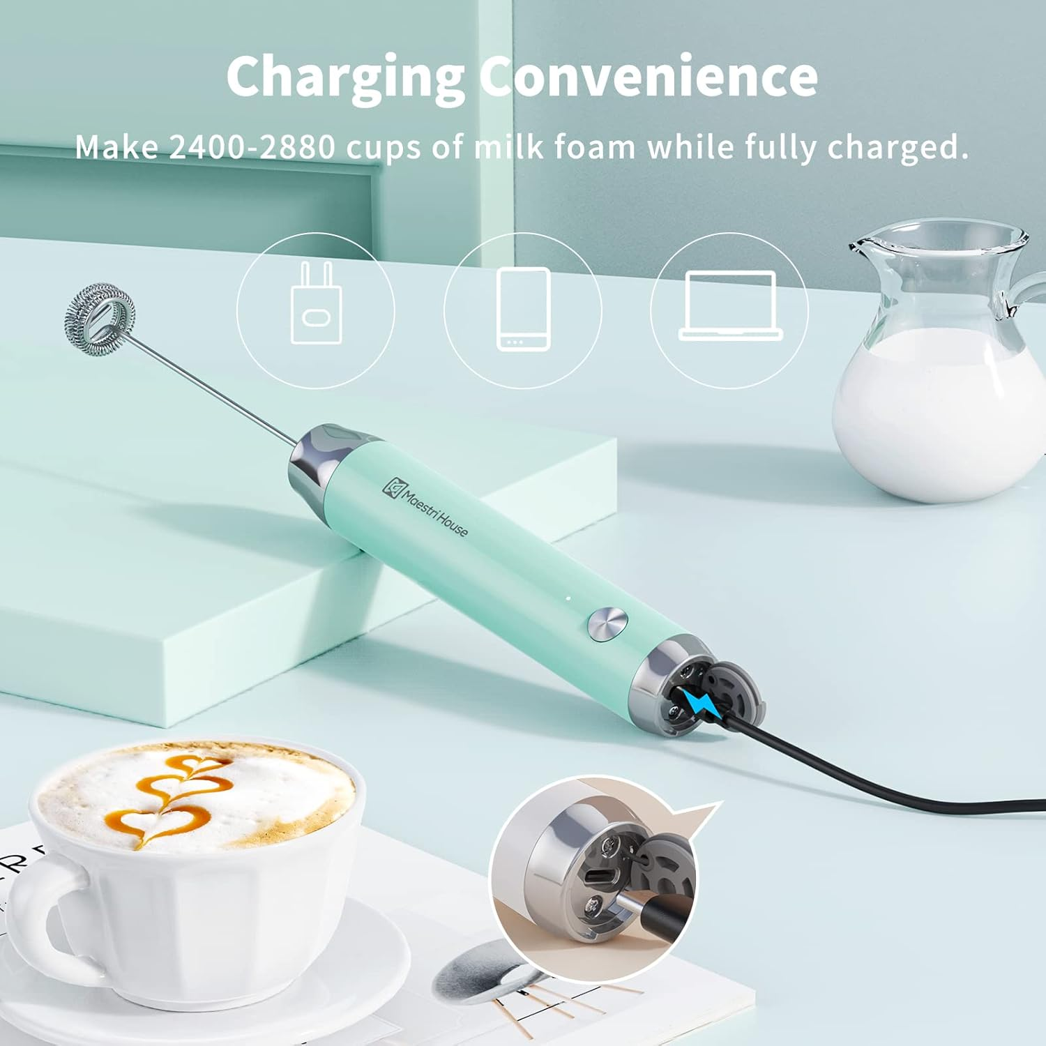 Maestri House Rechargeable Milk Frother, Handheld Electric Foam Maker Waterproof Detachable Stainless Steel Whisk Drink Mixer Foamer for Lattes, Cappuccino, No Stand, MMF-BX07-L image number 5